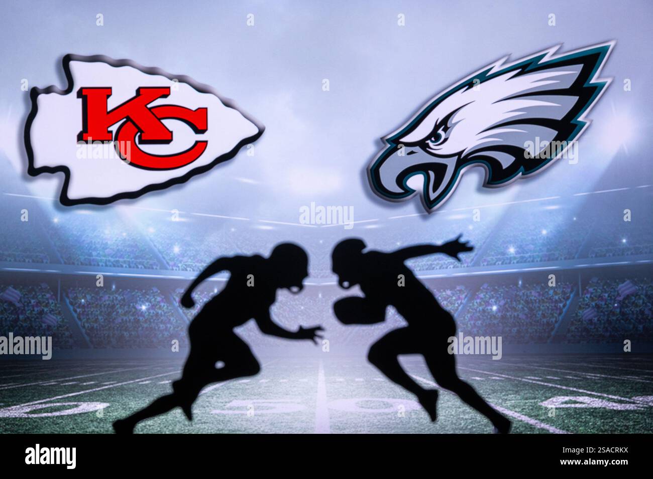 NEW ORLEANS, USA, 27. JANUAR 2025: NFL Spieler Silhouette vor Kansas City Chiefs vs. Philadelphia Eagles, Super Bowl LIX für Saison 2024, NFL Fina Stockfoto