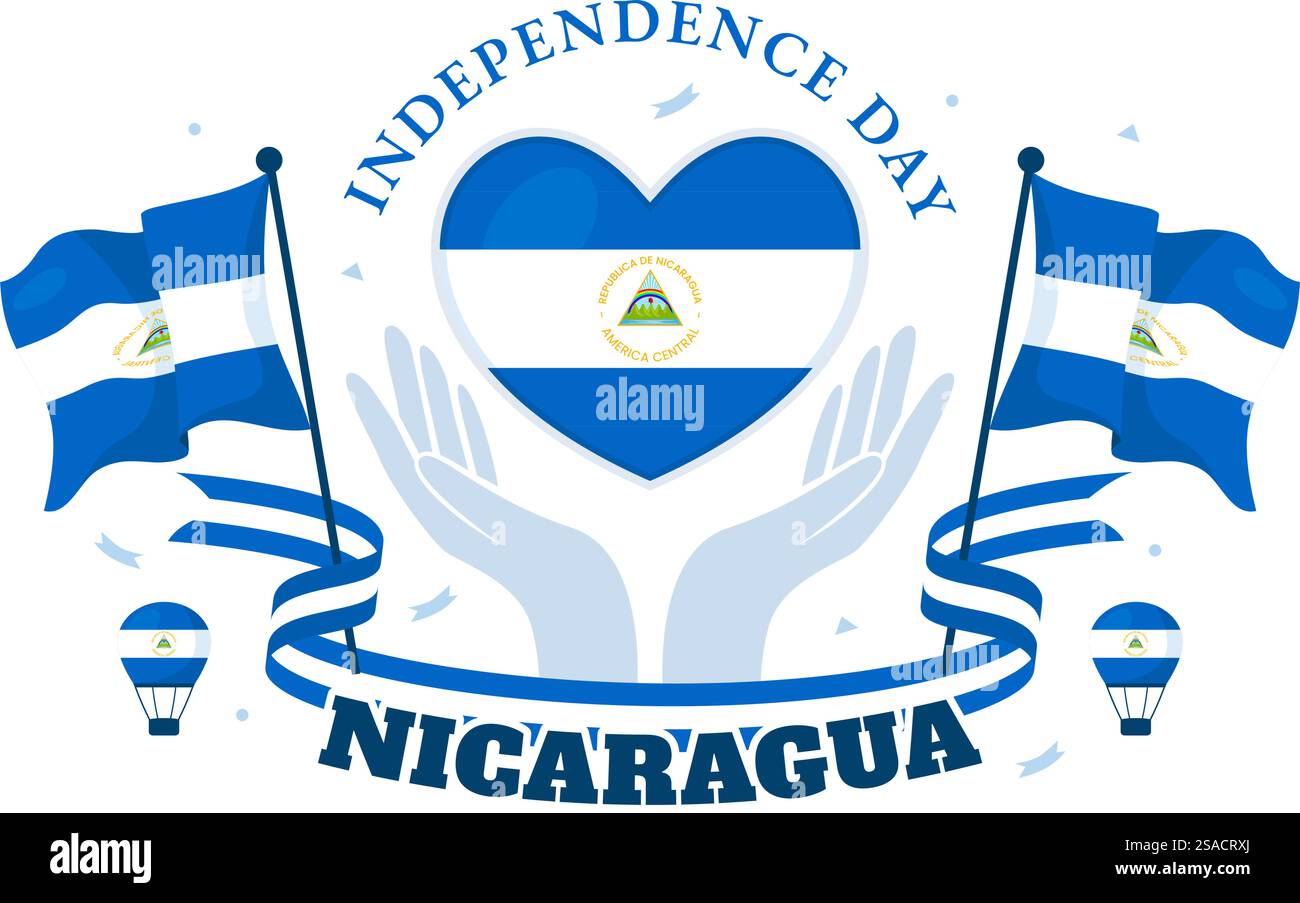 Nicaragua Unabhängigkeitstag Vektor-Illustration am 15. September mit wehender Flagge und Band in einem National Holiday Flat Style Cartoon Hintergrund Stock Vektor