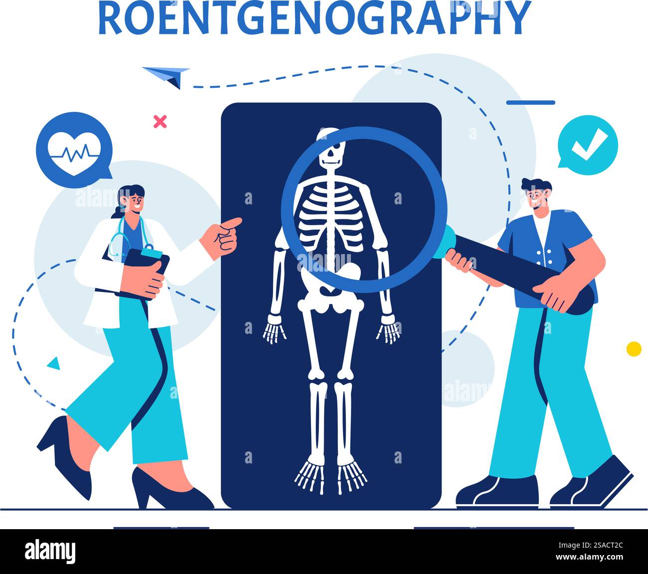 Röntgenvektor-Illustration mit Fluorographie Körper Checkup Verfahren, Röntgen-Scanning oder Röntgen im Gesundheitswesen in einem flachen Cartoon Hintergrund Stock Vektor