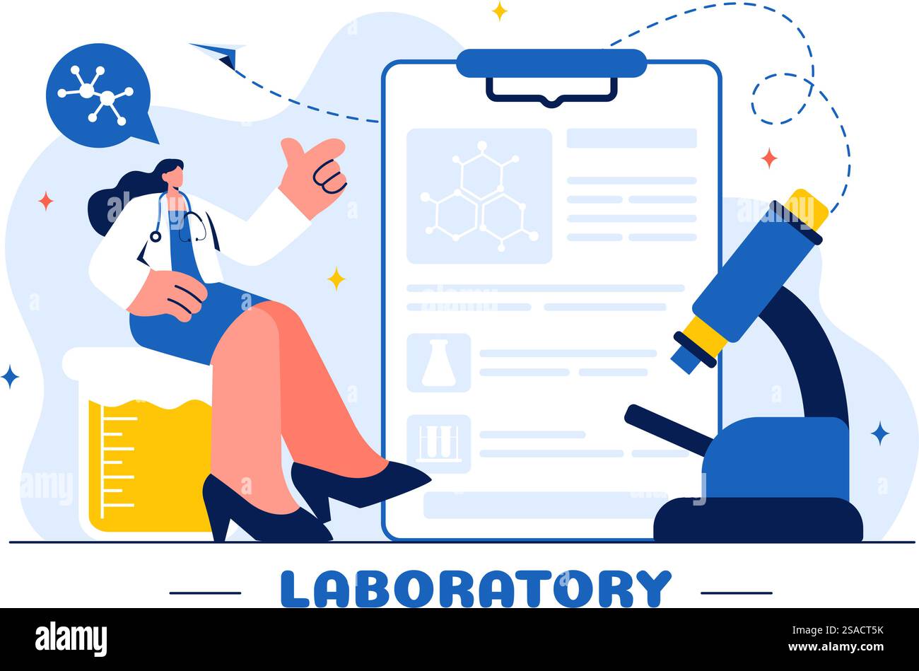 Eine Vektorillustration eines Labors, das wissenschaftliche Forschung, Experimente und Messungen auf einem Hintergrund mit flachem Cartoon-Stil durchführt Stock Vektor