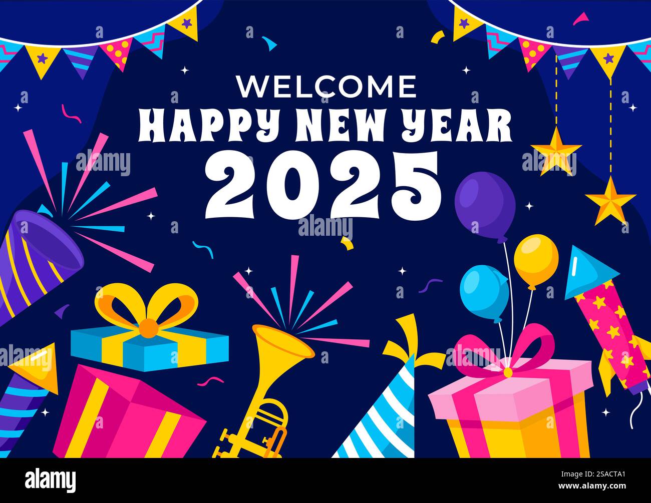 Happy New Year 2025 Celebration Vektor Illustration mit Trompeten, Feuerwerken, Bändern und Konfetti für einen festlichen Nationalfeiertag im Hintergrund Stock Vektor