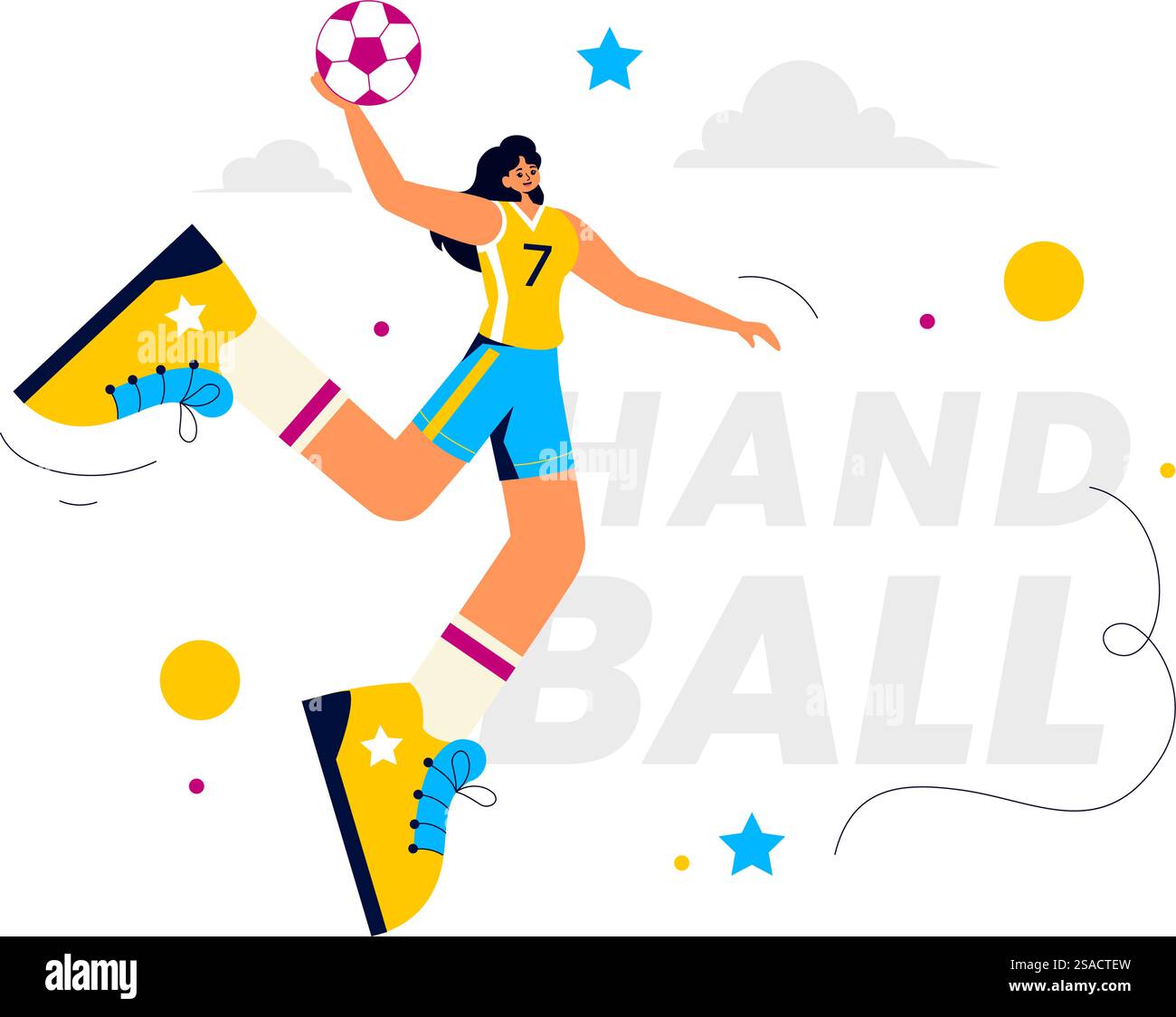 Handball-Vektor-Illustration eines Spielers, der den Ball berührt und ein Tor während eines Sportwettbewerbs in einem flachen Cartoon-Hintergrund erzielt Stock Vektor