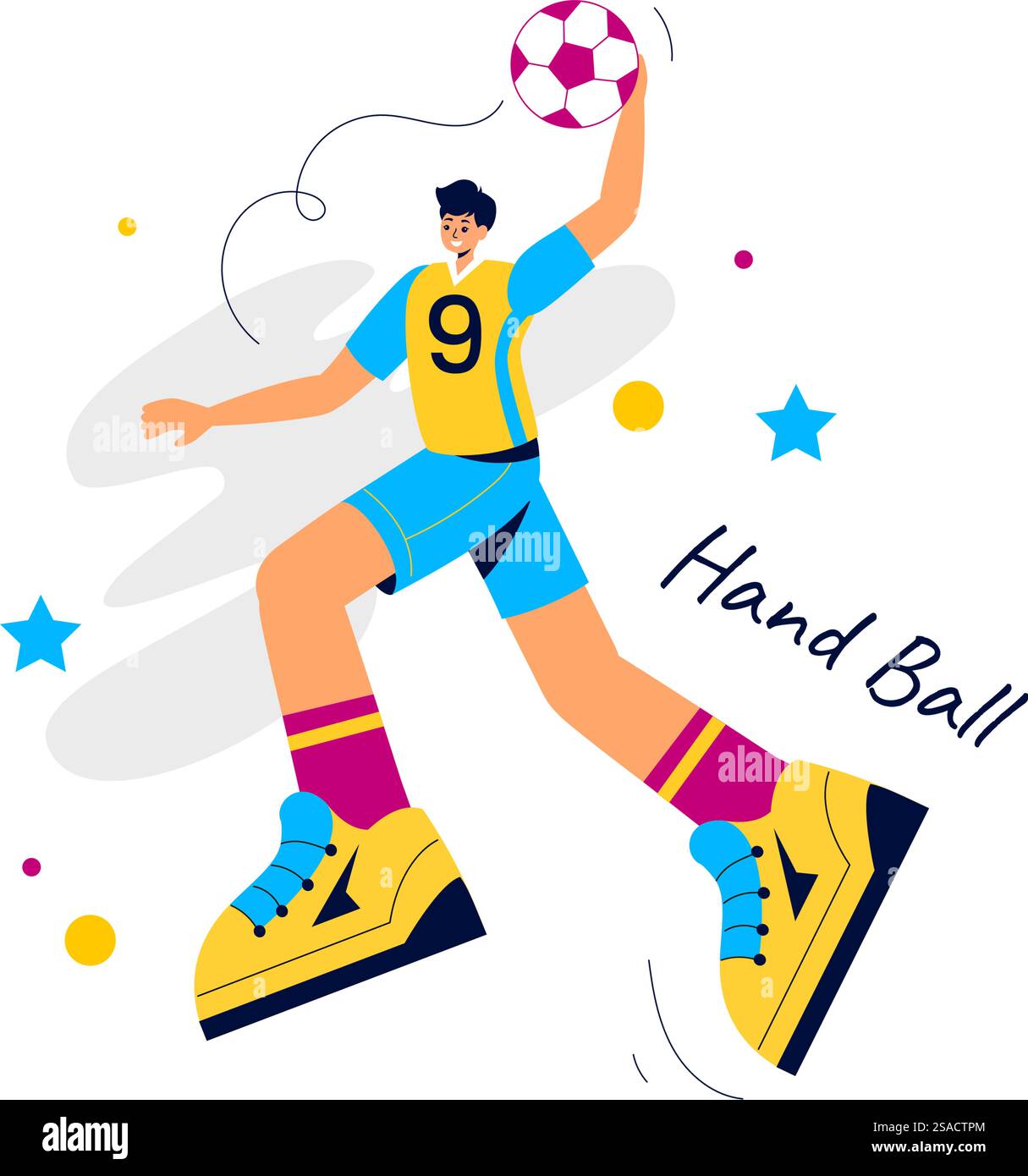 Handball-Vektor-Illustration eines Spielers, der den Ball berührt und ein Tor während eines Sportwettbewerbs in einem flachen Cartoon-Hintergrund erzielt Stock Vektor