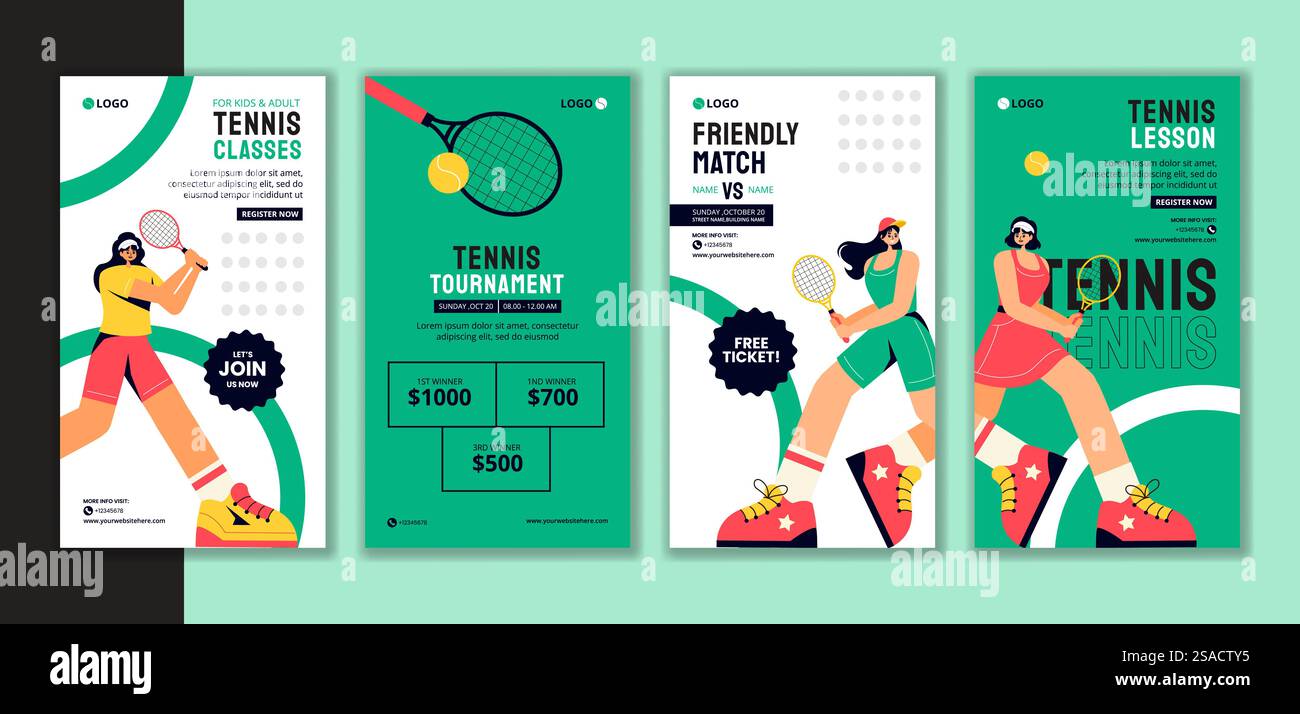 Tennisspieler Sport Social Media Stories Flat Cartoon Hand Gezeichnete Vorlagen Hintergrund Illustration Stock Vektor