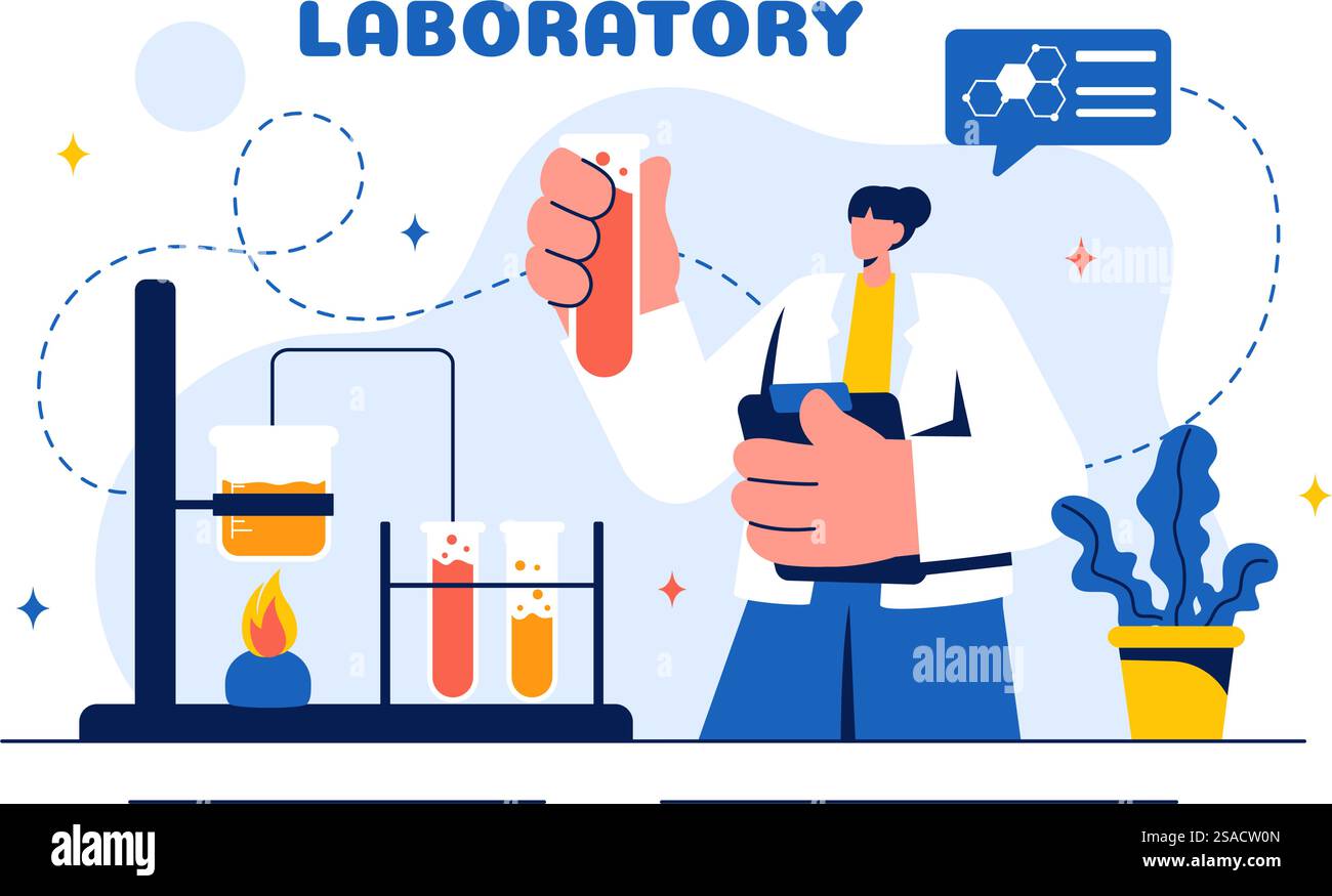 Eine Vektorillustration eines Labors, das wissenschaftliche Forschung, Experimente und Messungen auf einem Hintergrund mit flachem Cartoon-Stil durchführt Stock Vektor