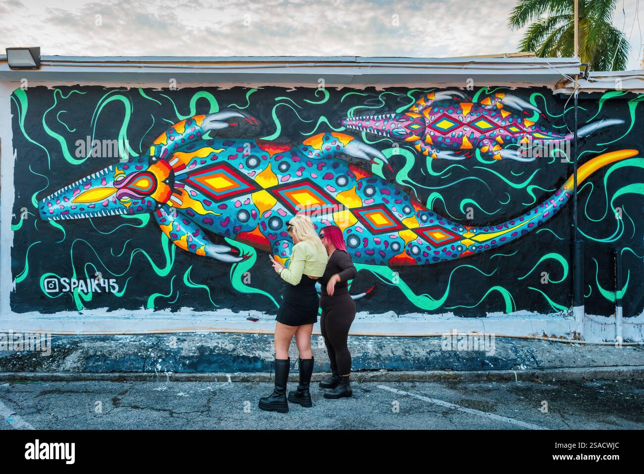 Frauen machen Fotos auf einem Wandbild im Little Havana District, Miami, Florida, USA. Stockfoto