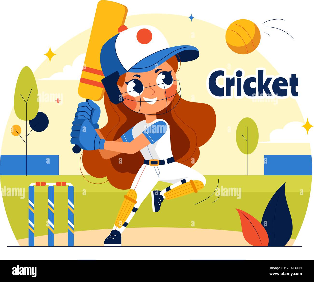 Schlagmann, der Cricket-Vektor-Illustration mit Fledermaus und Ball auf dem Feld für Meisterschaft-Turnier-Liga in einem flachen Stil-Cartoon-Hintergrund spielt Stock Vektor