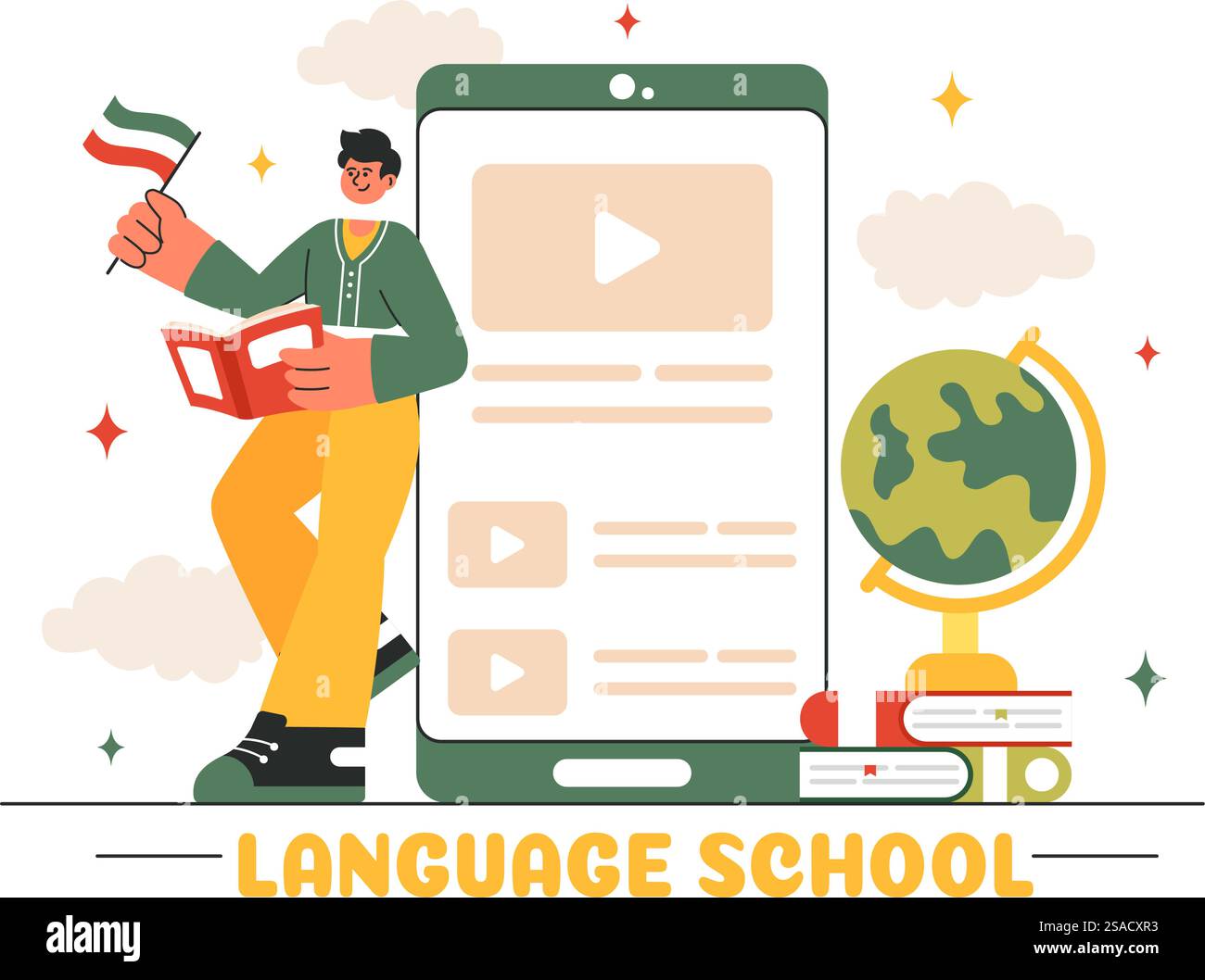 Sprachschule Vektor-Illustration von Online-Lernen, Kursen, Trainingsprogrammen und Fremdsprachenlernen im Ausland in einem flachen Hintergrund Stock Vektor