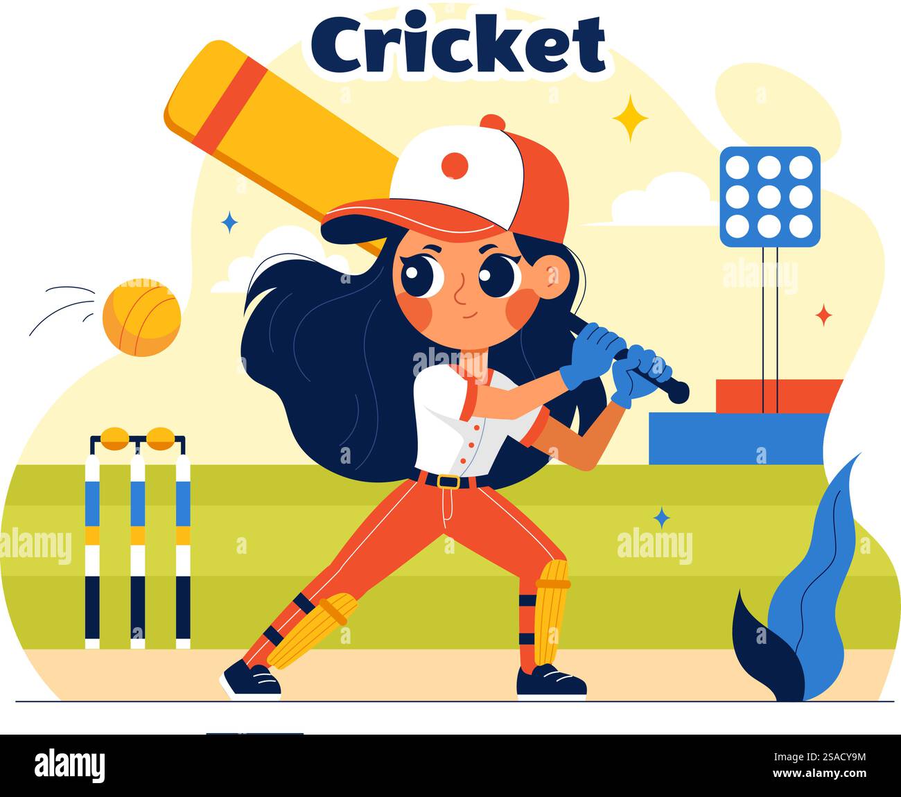 Schlagmann, der Cricket-Vektor-Illustration mit Fledermaus und Ball auf dem Feld für Meisterschaft-Turnier-Liga in einem flachen Stil-Cartoon-Hintergrund spielt Stock Vektor