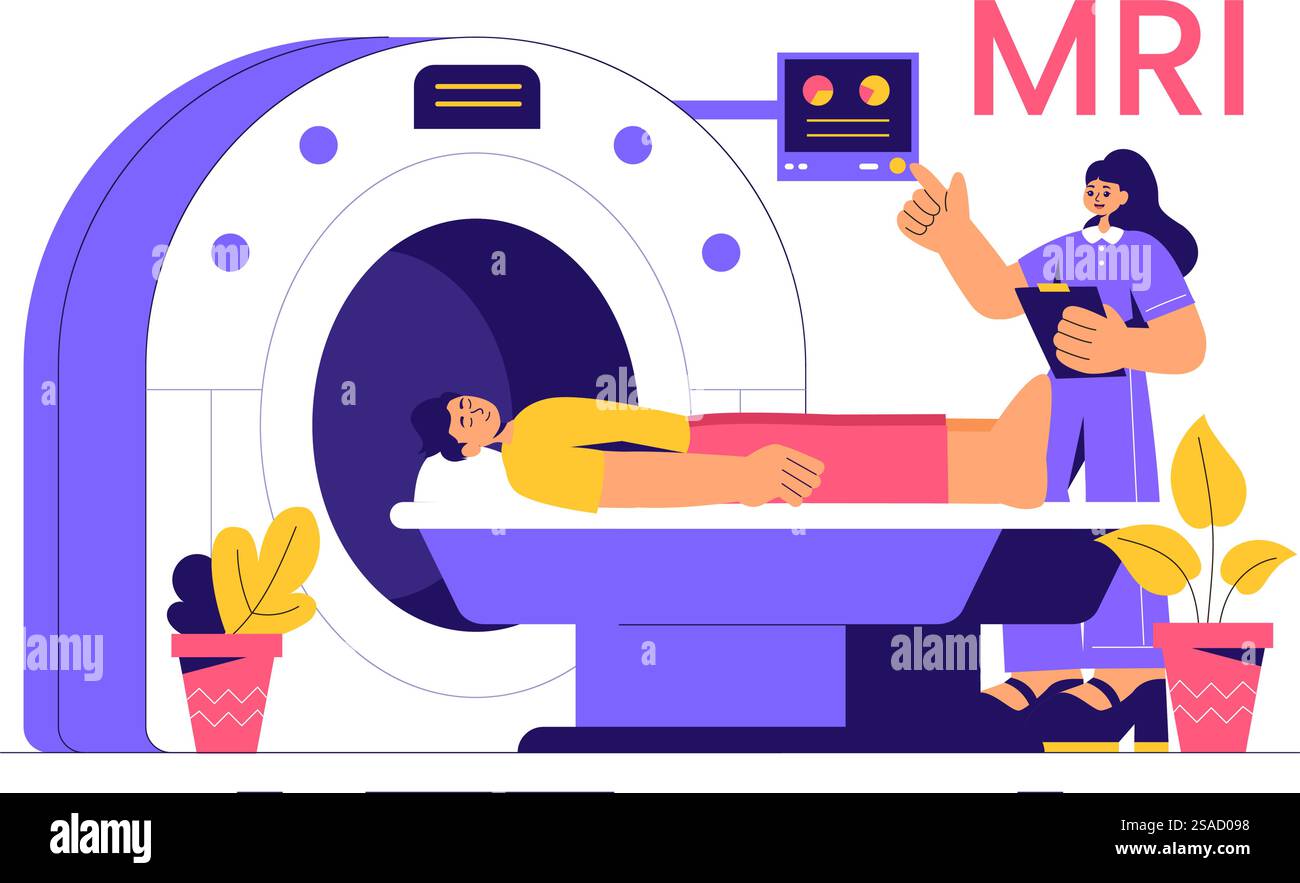 Abbildung der MRT- oder Magnetresonanztomographie mit einem Arzt und einem Patienten während einer medizinischen Untersuchung mit einem CT-Scangerät in einem flachen Hintergrund Stock Vektor