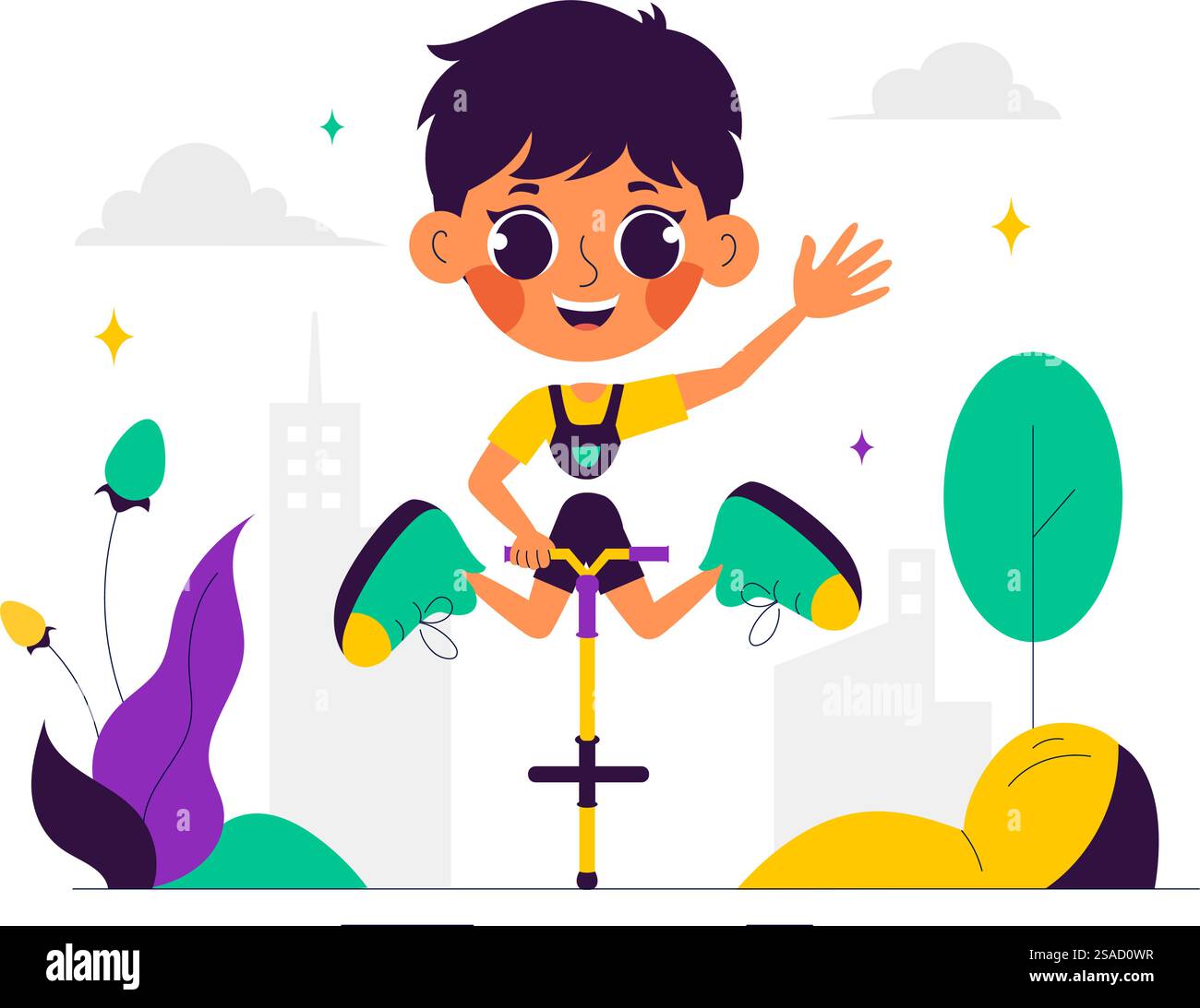 XPogo Stick springender Sport Vektor-Illustration in der verspielten Szene im Freien in einem flachen Stil Cartoon Hintergrund Stock Vektor