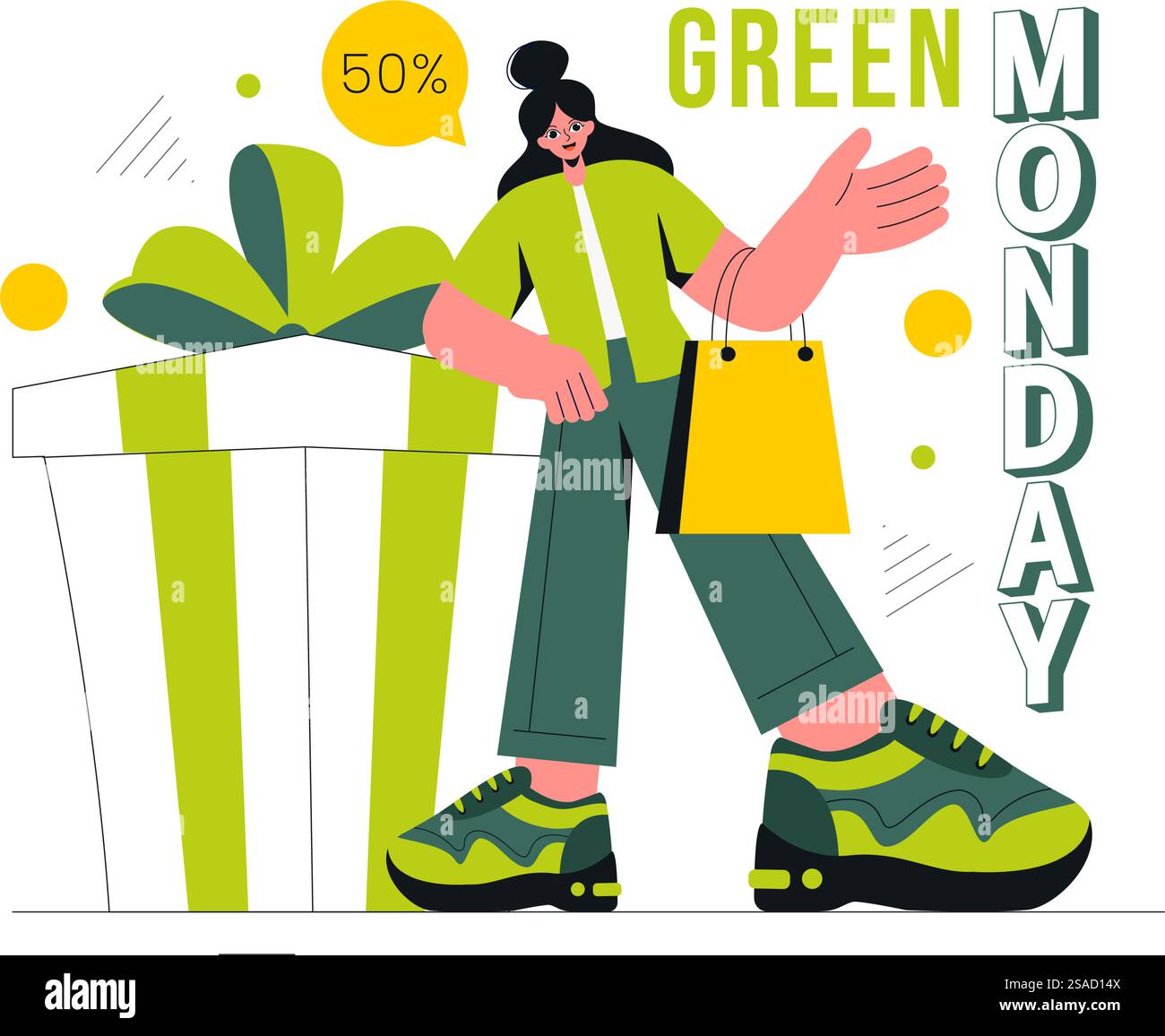 Grüne Montag-Verkauf-Vektor-Illustration mit Käufern, die Einkaufstaschen halten, um Rabattaktionen in einem flachen Stil-Cartoon-Hintergrund hervorzuheben Stock Vektor