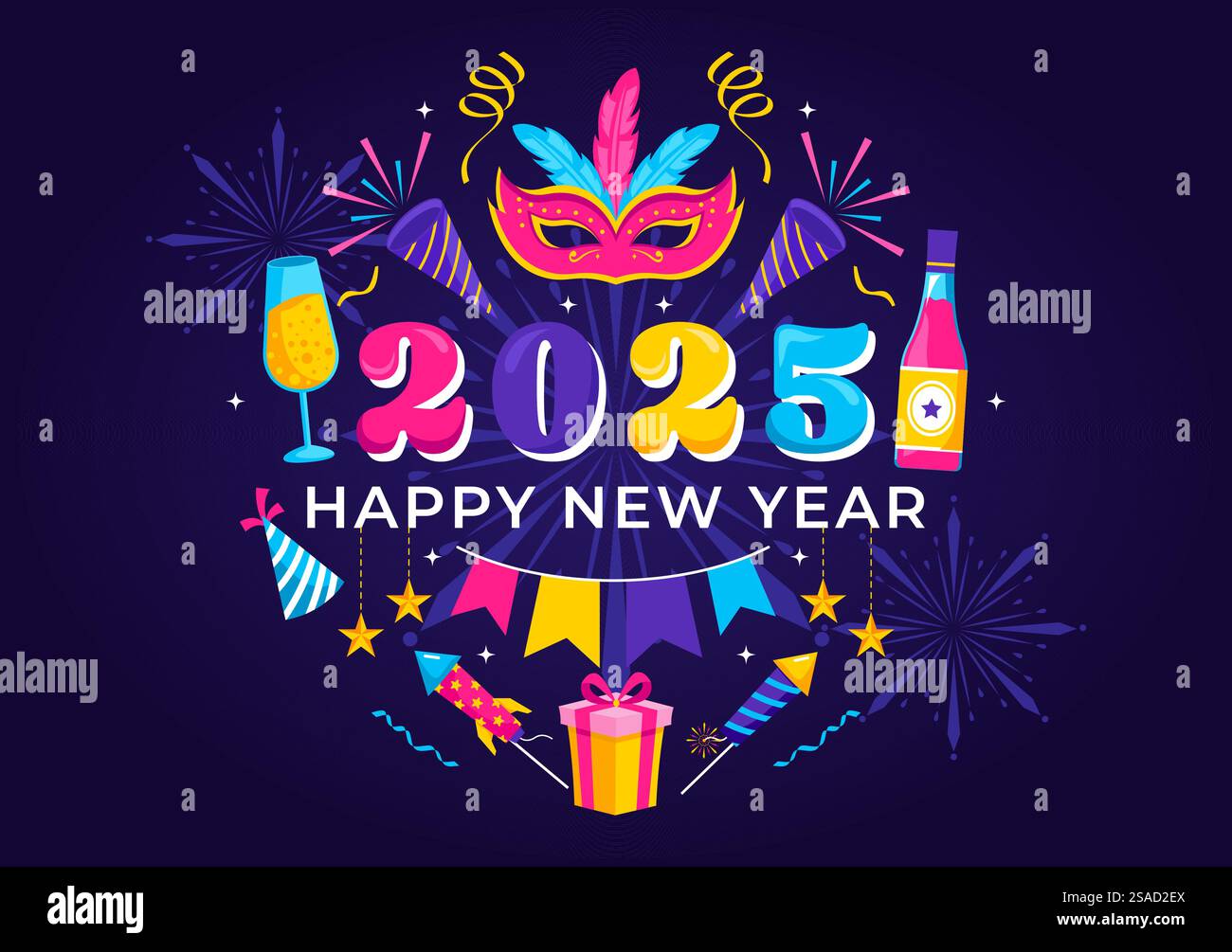 Happy New Year 2025 Celebration Vektor Illustration mit Trompeten, Feuerwerken, Bändern und Konfetti für einen festlichen Nationalfeiertag im Hintergrund Stock Vektor