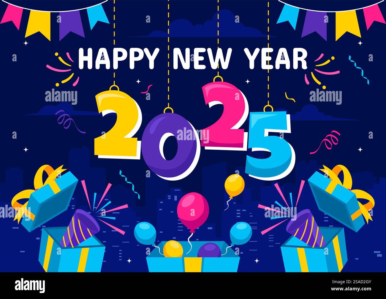 Happy New Year 2025 Celebration Vektor Illustration mit Trompeten, Feuerwerken, Bändern und Konfetti für einen festlichen Nationalfeiertag im Hintergrund Stock Vektor