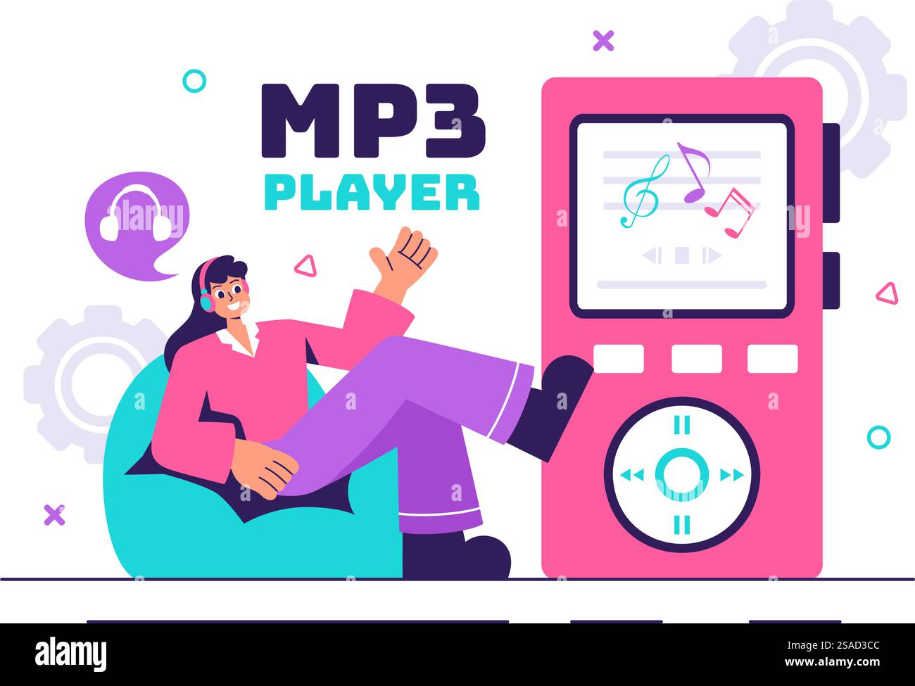 MP3-Player-Vektor-Illustration mit musikalischen Notationen, Kopfhörern, Headset und mobilen App-Geräten für Musikhören auf einem flachen Hintergrund Stock Vektor