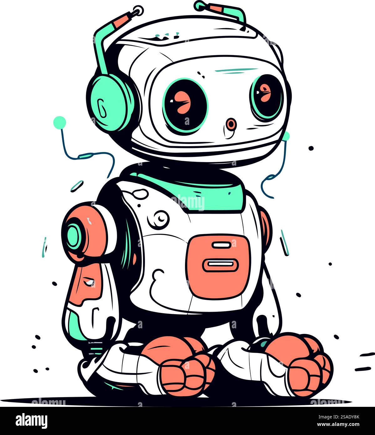 Niedlicher Roboter mit Kopfhörern. Hand gezeichnete Vektor-Illustration im Cartoon-Stil. Stock Vektor