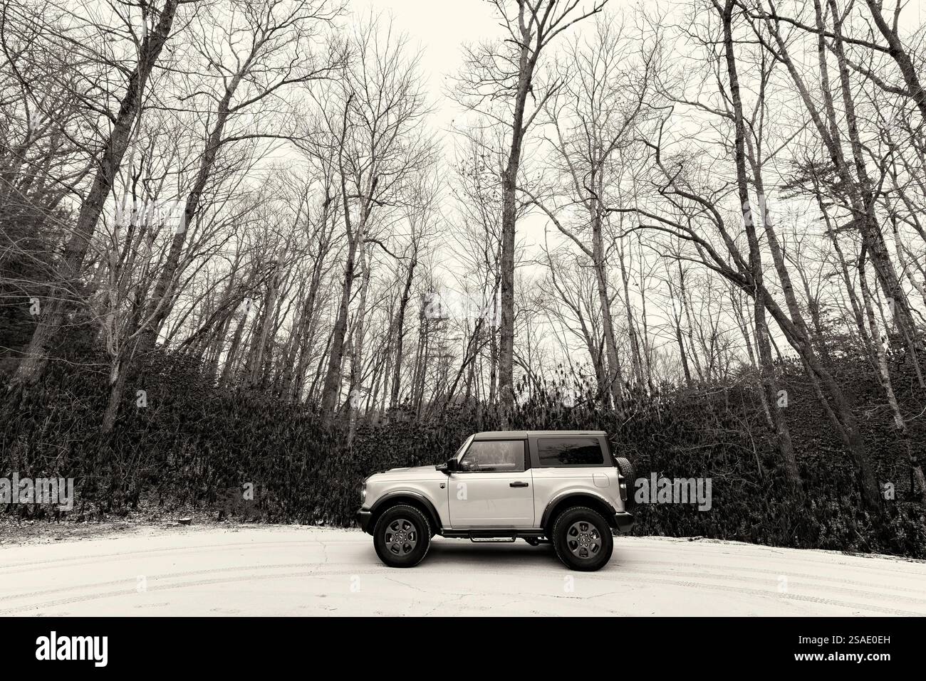 Ford Bronco Big Bend im Schnee – North Carolina, USA [Schwarzweißbild] Stockfoto