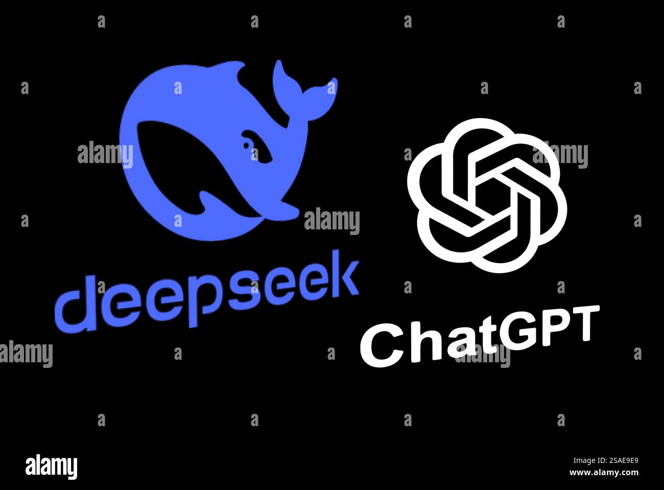 DeepSeek und ChatGPT Open AI Logotypen auf schwarzem Hintergrund. DeepSeek ist die am häufigsten heruntergeladene kostenlose App in den USA in nur einer Woche, nachdem es l Stockfoto