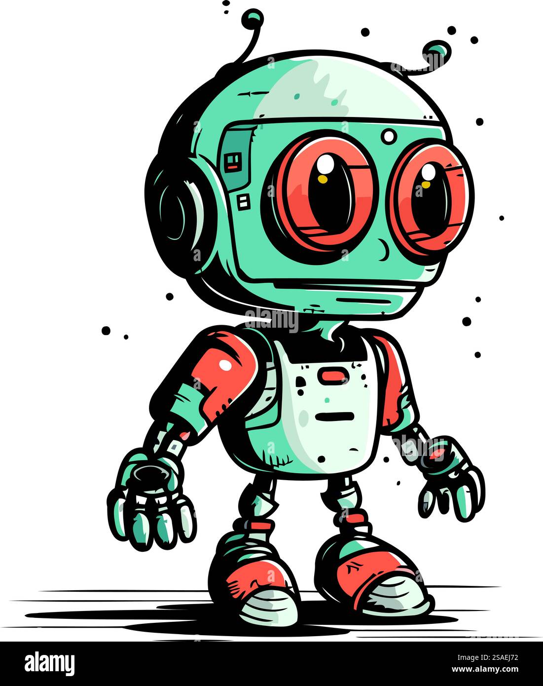 Roboter mit Kopfhörern. Nette Cartoon Hand gezeichnete Vektor-Illustration. Stock Vektor