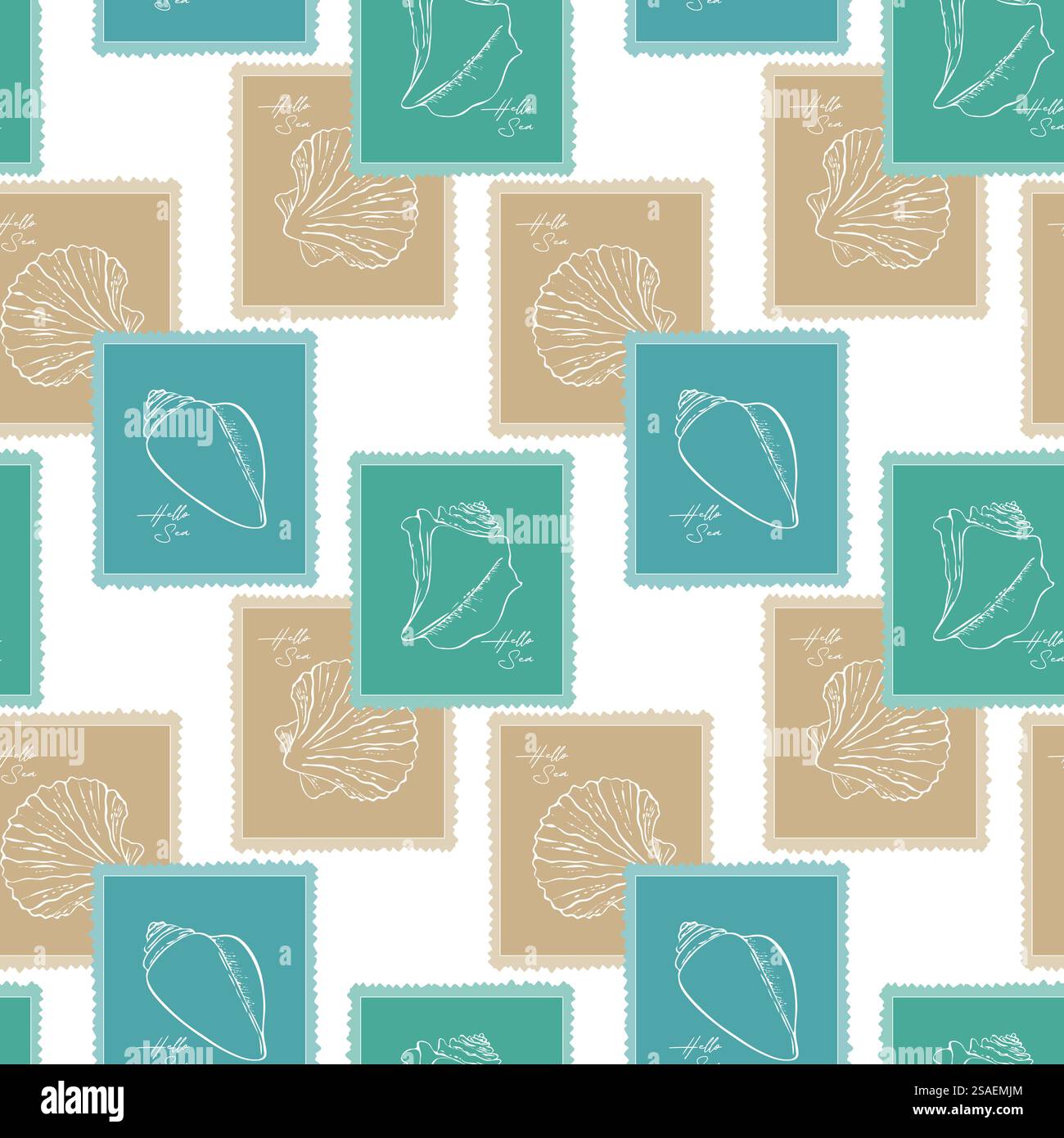 Marine Vibes, Muster mit Meeresstempeln mit Muschelzeichnung, in blaubeige Pastellfarbe, Vintage-Papier. Design für Mode, Stoff, Textil, Tapeten, Verpackung und alle Drucke. Vektorabbildung Stock Vektor