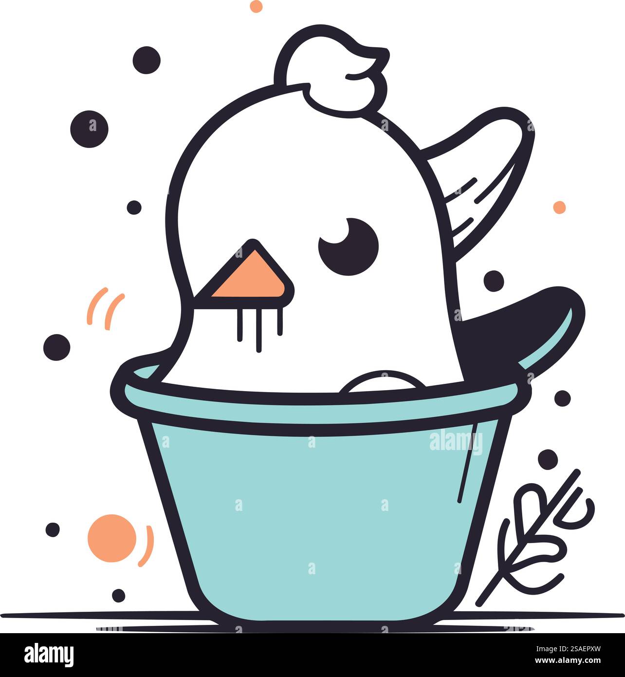 Vektor-Illustration eines süßen weißen Huhns in einem Topf. Linienart. Stock Vektor