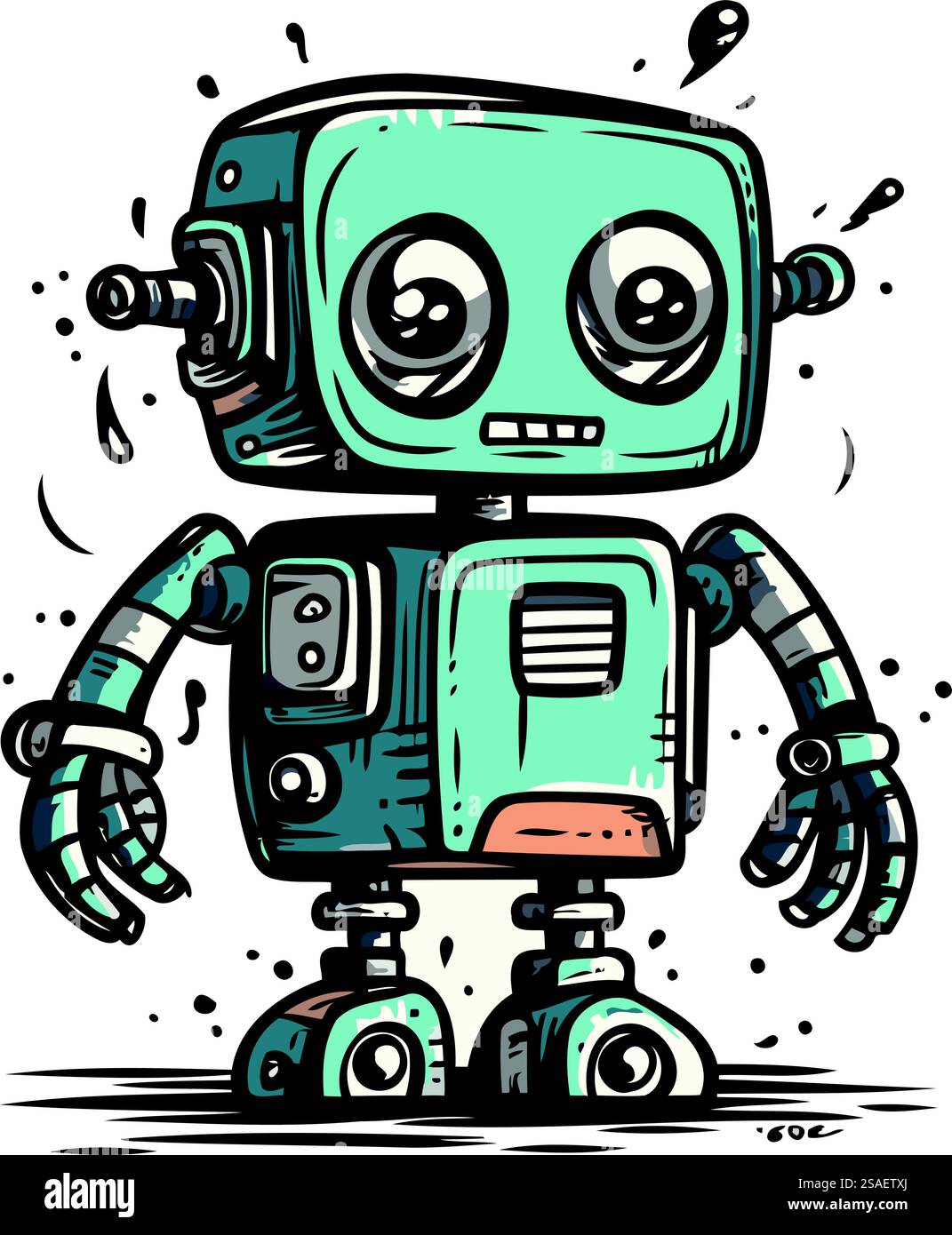 Niedlicher Karikaturroboter. Handgezeichnete Vektorgrafik. Isoliert auf weiß. Stock Vektor