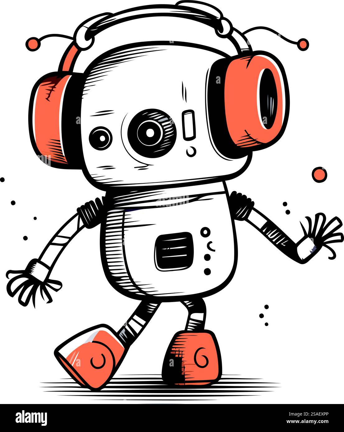 Hand gezeichnete Vektor-Illustration eines niedlichen Roboters mit Kopfhörern. Isoliert auf weißem Hintergrund. Stock Vektor