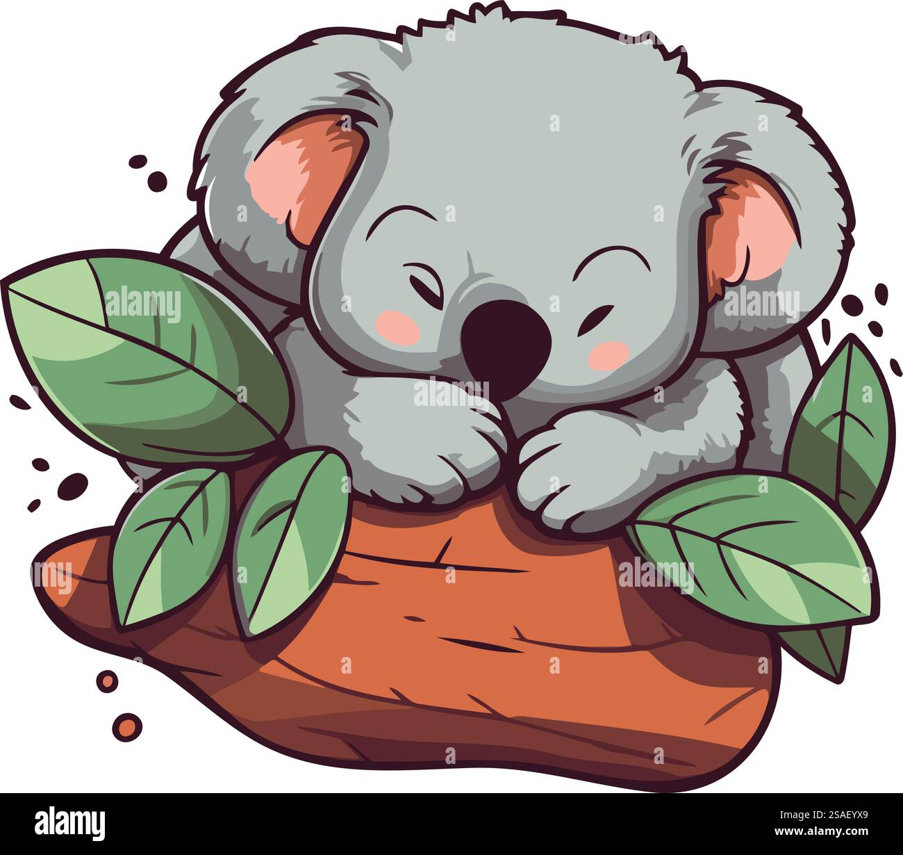 Süßer Koala, der auf einem Baumstamm mit Blättern schläft. Vektorabbildung. Stock Vektor
