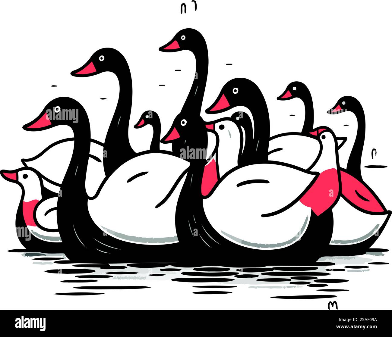 Vektorillustration einer Gruppe schwarzer Schwäne auf dem Wasser. Stock Vektor