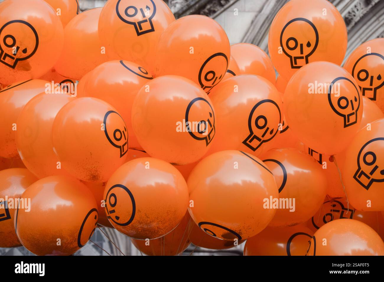 London, Großbritannien. Januar 2025. Just Stop Oil-Mitglieder halten Ballons mit dem JSO-Logo, während sich Demonstranten vor den königlichen Gerichten versammeln, um Just Stop Oil-Aktivisten zu unterstützen, die gegen ihre Verurteilungen Berufung einlegen. 16 Aktivisten, bekannt als „Lord Walney 16“, wurden wegen Klimaprotesten inhaftiert. Quelle: Vuk Valcic/Alamy Live News Stockfoto