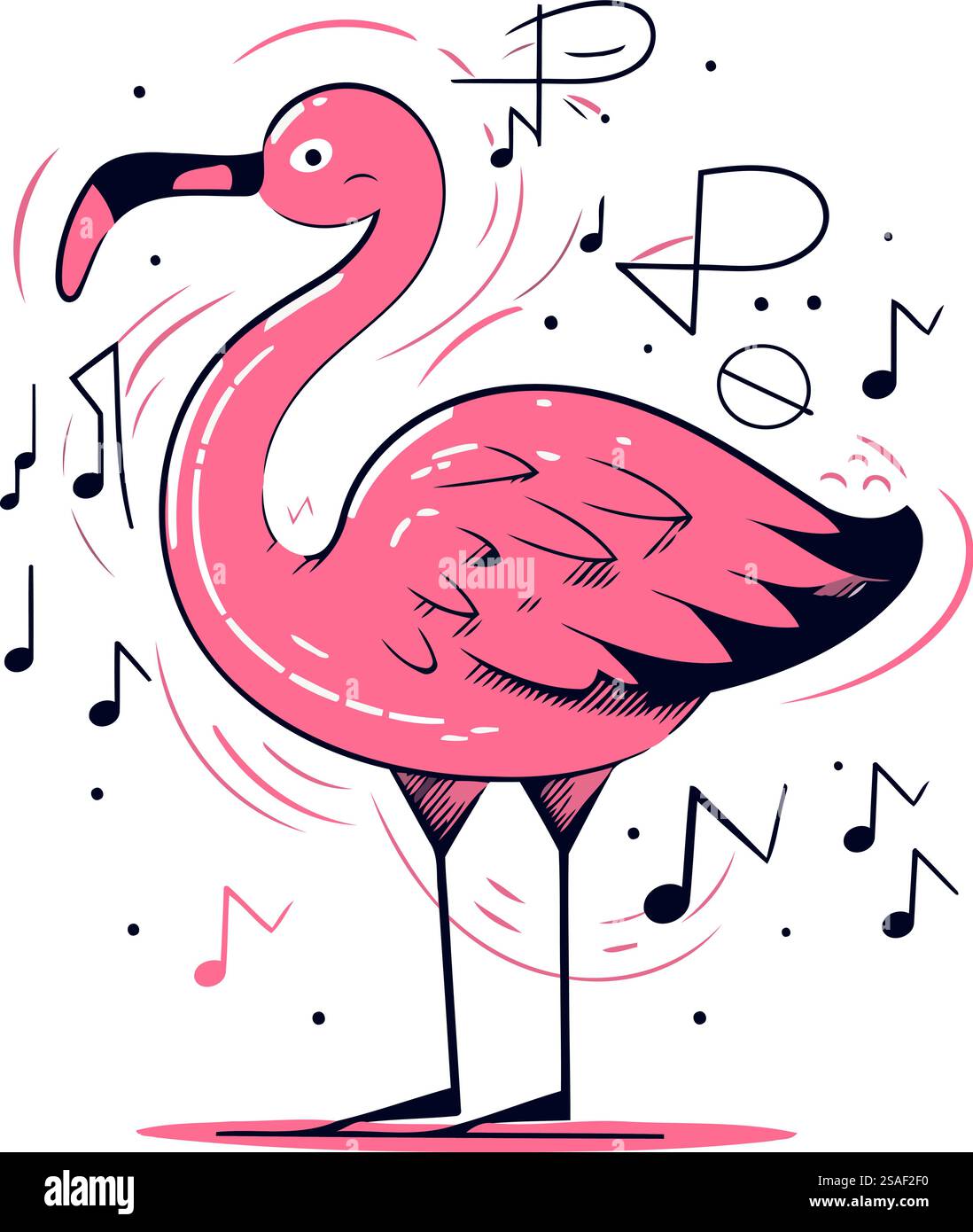 Flamingo mit Musiknoten. Vektorillustration im Doodle-Stil. Stock Vektor