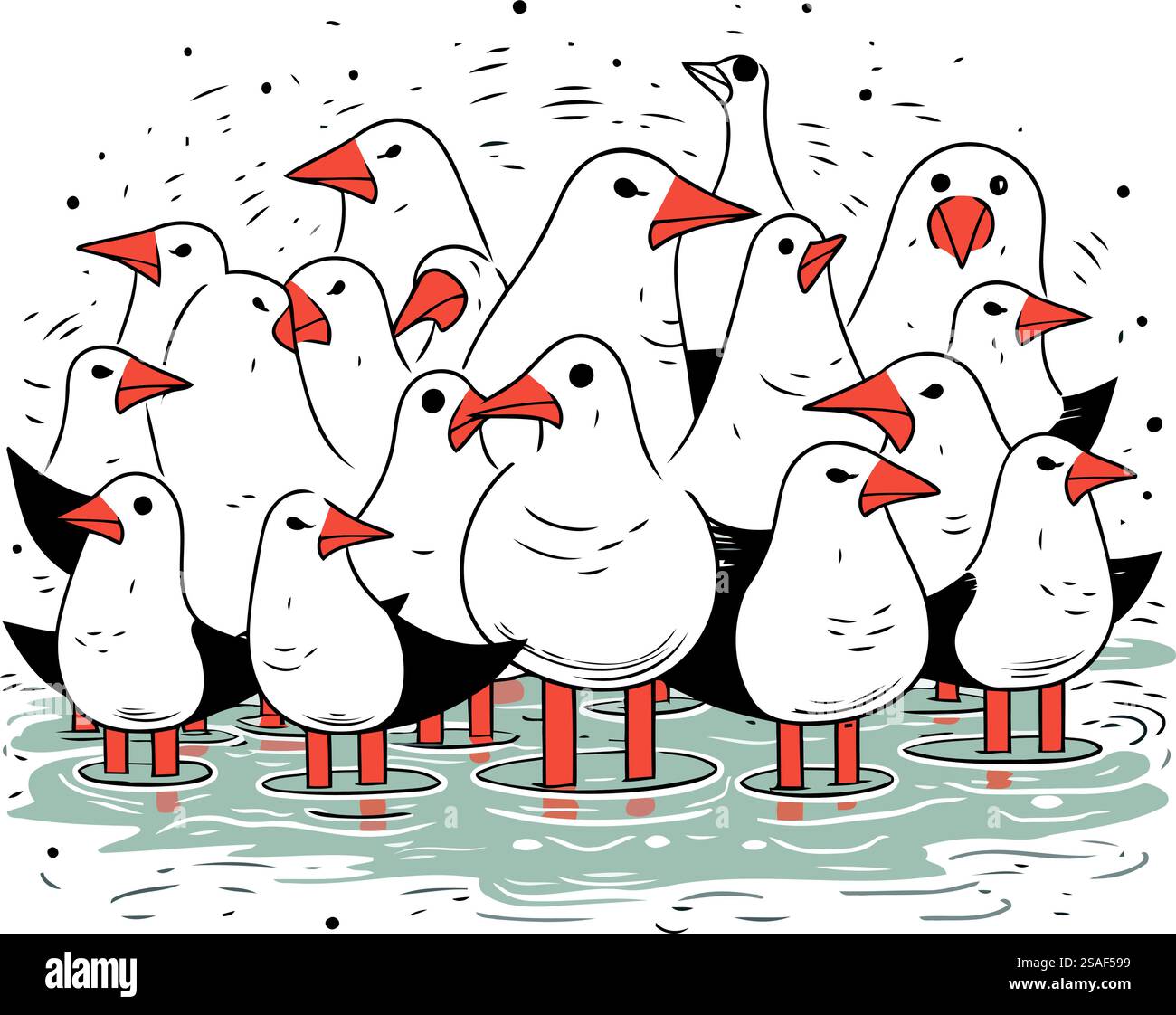 Gruppe Möwen auf dem Wasser. Vektorabbildung. Stock Vektor