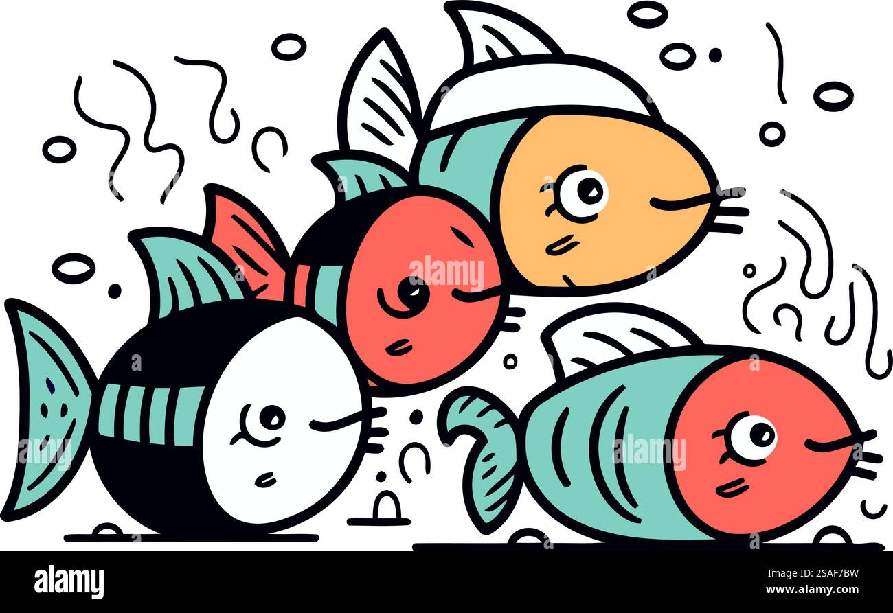 Vektor-Illustration einer Gruppe von Fischen im Meer. Zeichentrickstil. Stock Vektor