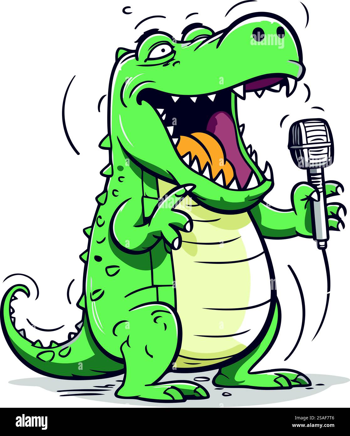 Comic-Krokodil singt ein Lied mit einem Mikrofon. Vektorabbildung. Stock Vektor