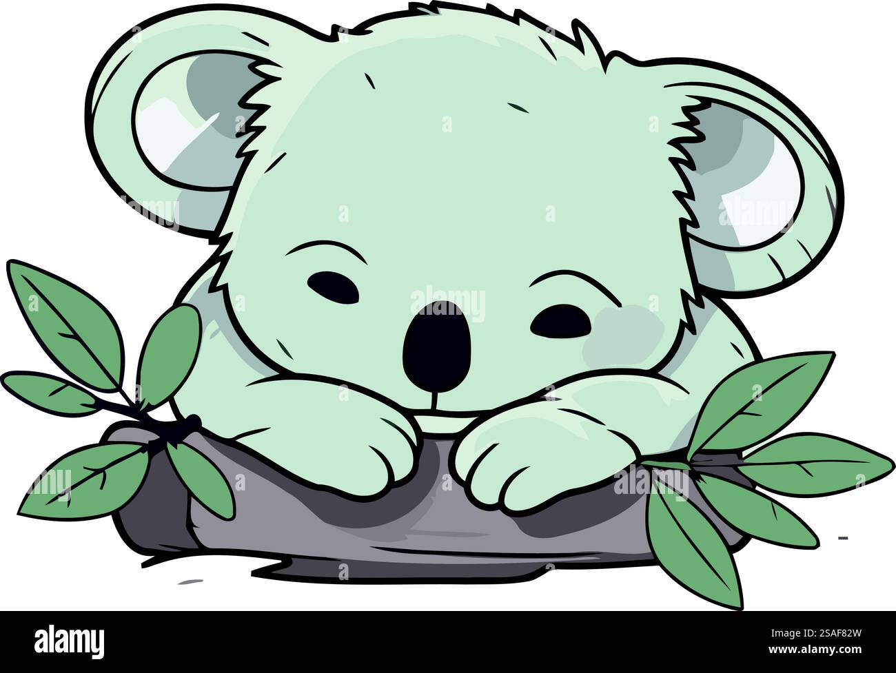 Süßer Koala, der auf einem Zweig mit Blättern schläft. Vektorabbildung. Stock Vektor