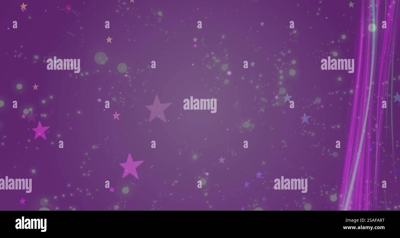 Sterne und funkelndes Bild über violettem Hintergrund Stockfoto
