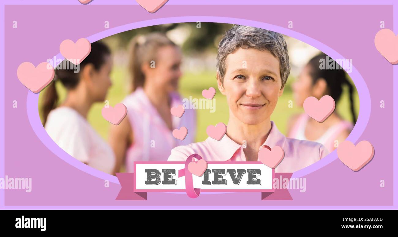Bild von Herzen und Text über weiße Frauen, die rosa Hemden tragen Stockfoto