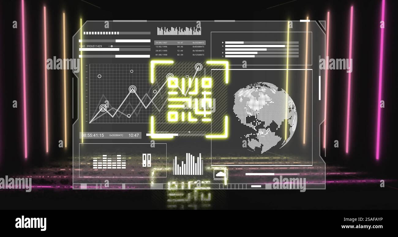 Bild des qr-Codes und der Datenverarbeitung über Neonlinien Stockfoto