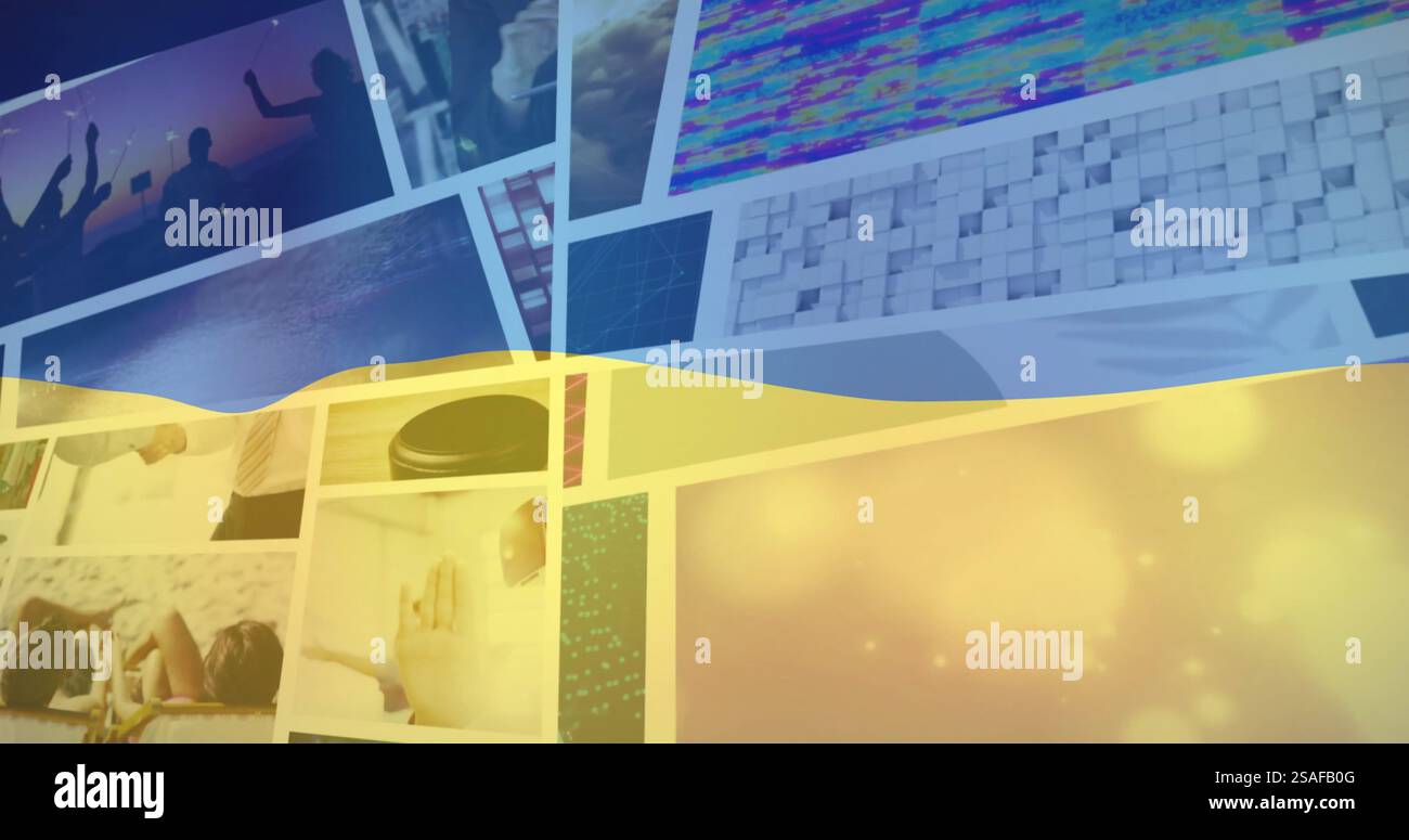 Bild der Flagge der ukraine über verschiedenen Bildern Stockfoto