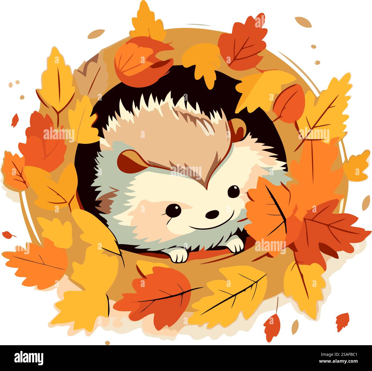 Süßer Igel in einem Kranz aus Herbstlaub. Vektorabbildung. Stock Vektor