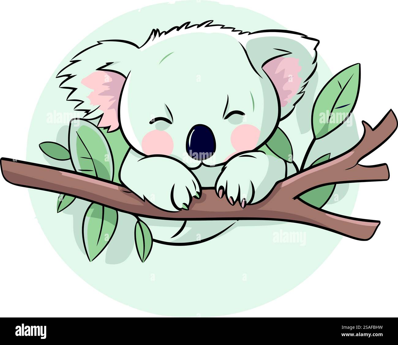 Niedlicher Karikaturkoala, der auf Eukalyptuszweig schläft Stock Vektor