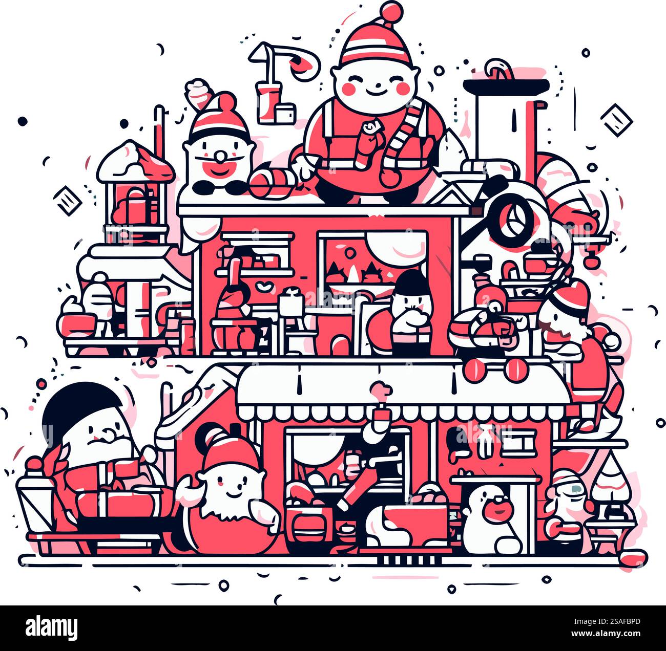 Weihnachtsmann und Kinder vor einem Weihnachtsmarkt. Vektorabbildung. Stock Vektor