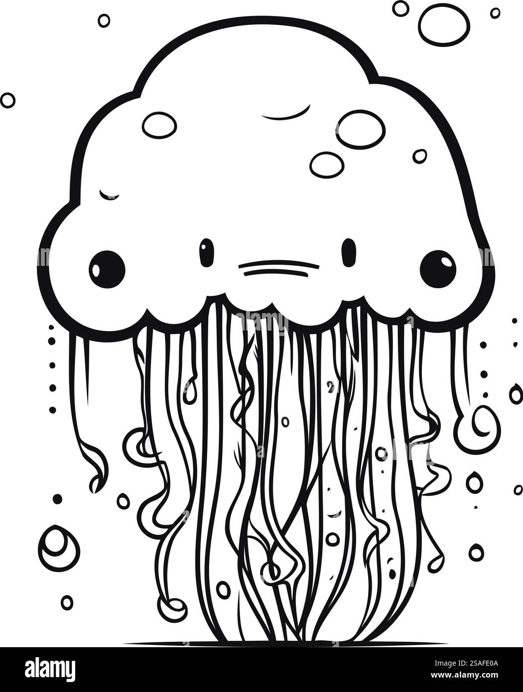 Schwarz-weiß-Zeichentrick-Illustration der niedlichen Quallen-Comic-Tier-Figur Stock Vektor