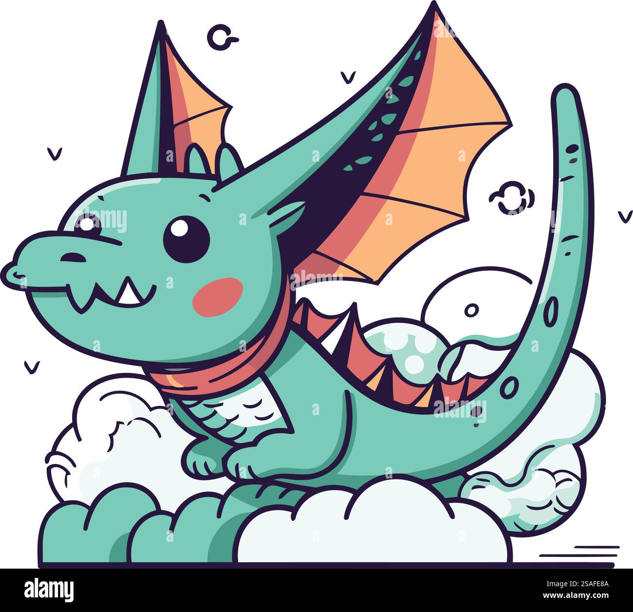 Süßer Zeichentrickdrache auf den Wolken. Vektor-Illustration eines Drachen. Stock Vektor