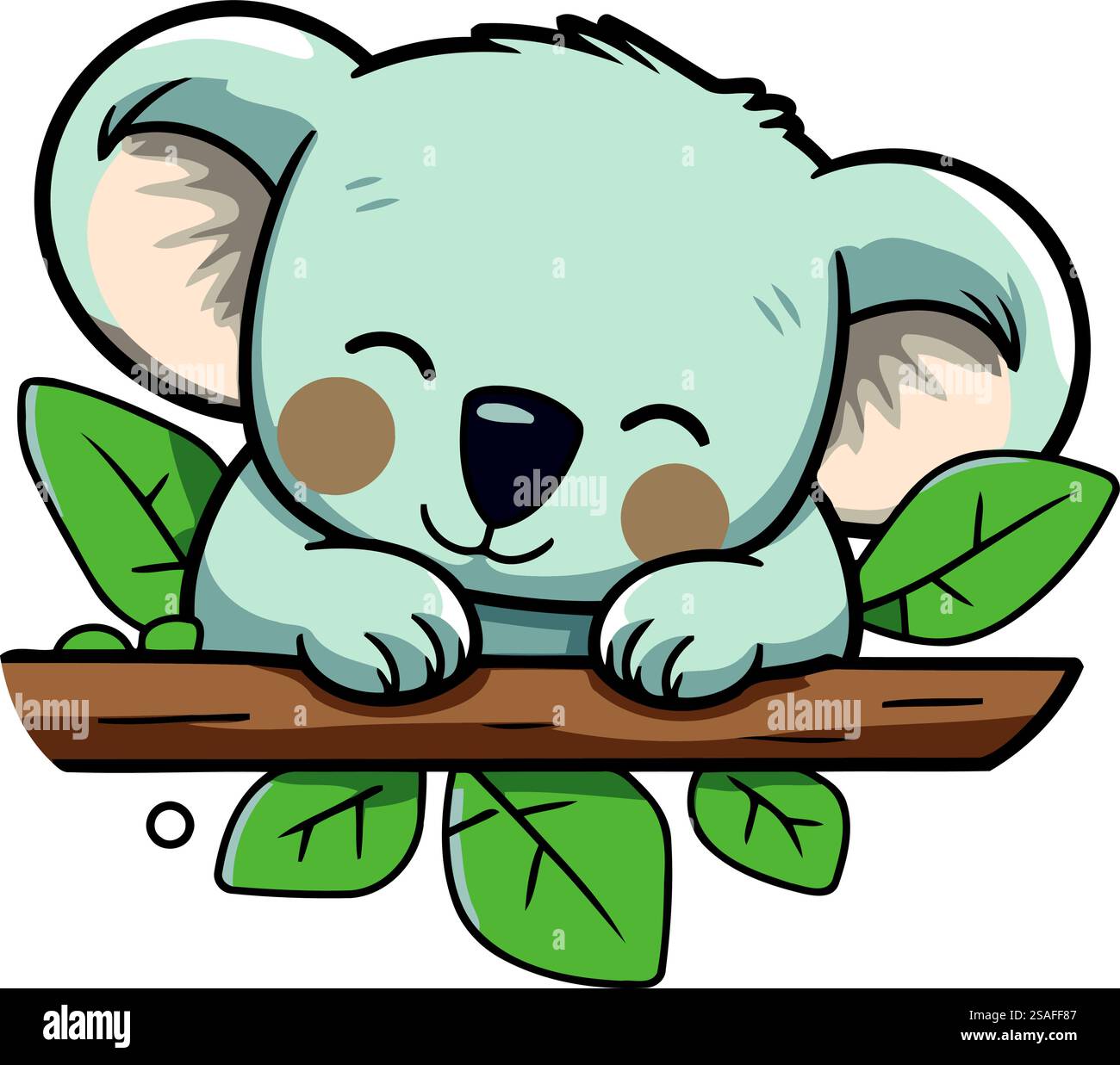 Süßer Koala, der auf einem Zweig mit Blättern schläft. Vektorabbildung. Stock Vektor