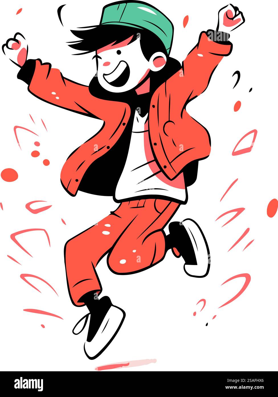 Hand gezeichnete Vektor-abstrakte Zeichentrickgrafik-Illustration mit jungen glücklichen Hipster-Mann, der isoliert auf weißem Hintergrund springt Stock Vektor