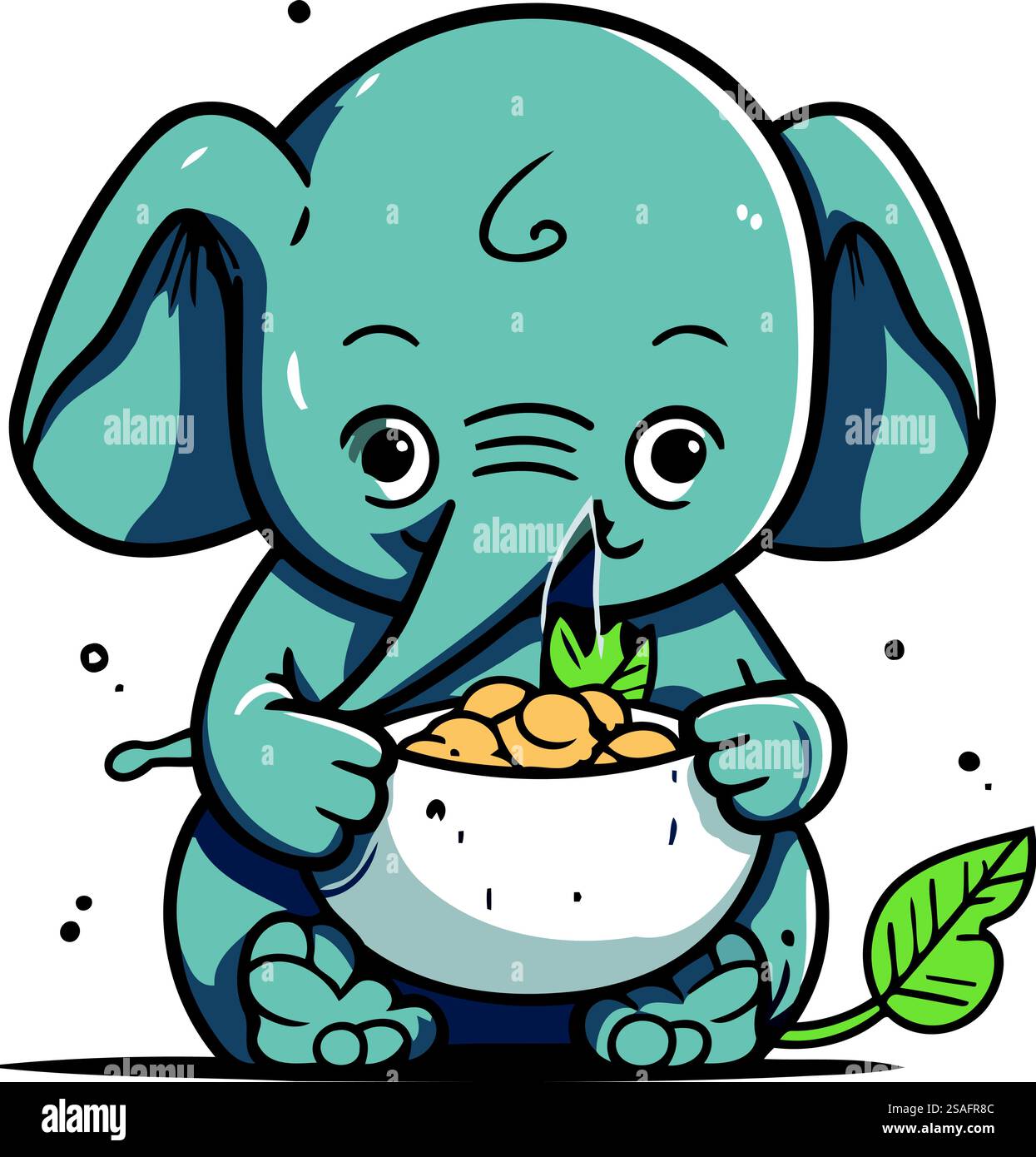 Süßer Comic-Elefant mit einer Schüssel Müsli. Vektorabbildung. Stock Vektor