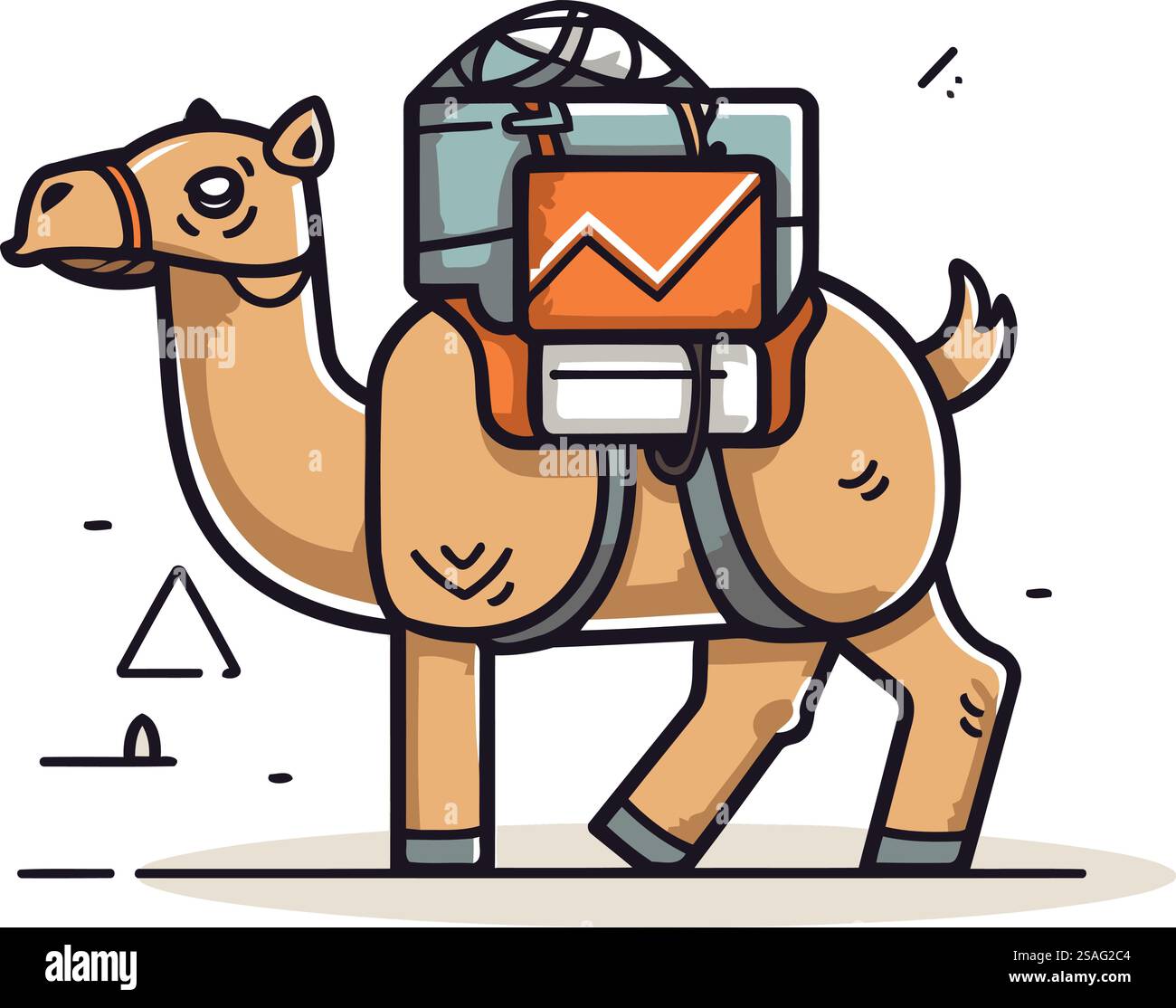 Kamel mit Rucksack. Vektorillustration eines Kamels in einem flachen Stil. Stock Vektor