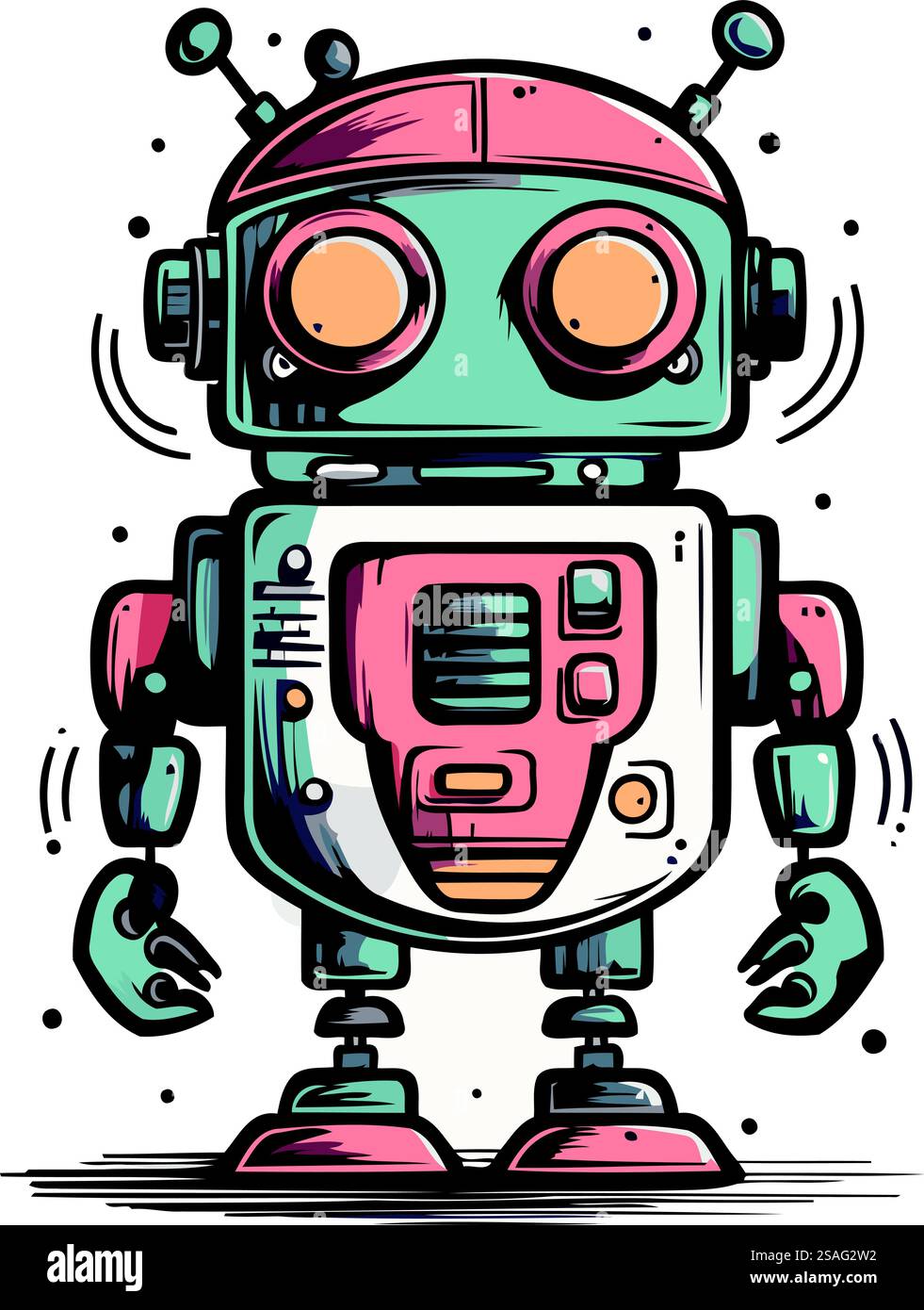 Niedlicher Roboter. Handgezeichnete Vektorgrafik. Isoliert auf weißem Hintergrund. Stock Vektor