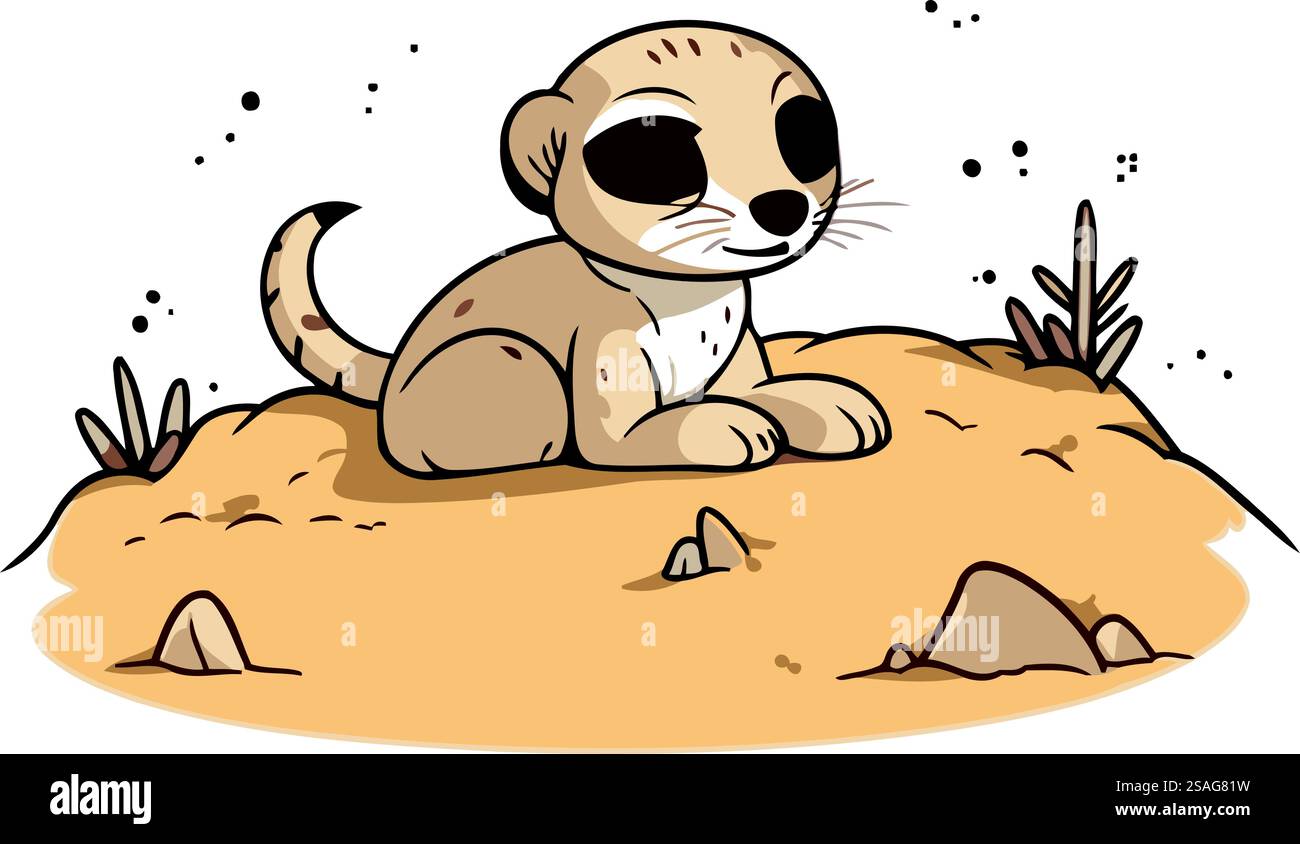 Niedliches Cartoon-Erdmännchen, das auf Sand sitzt. Vektorabbildung. Stock Vektor